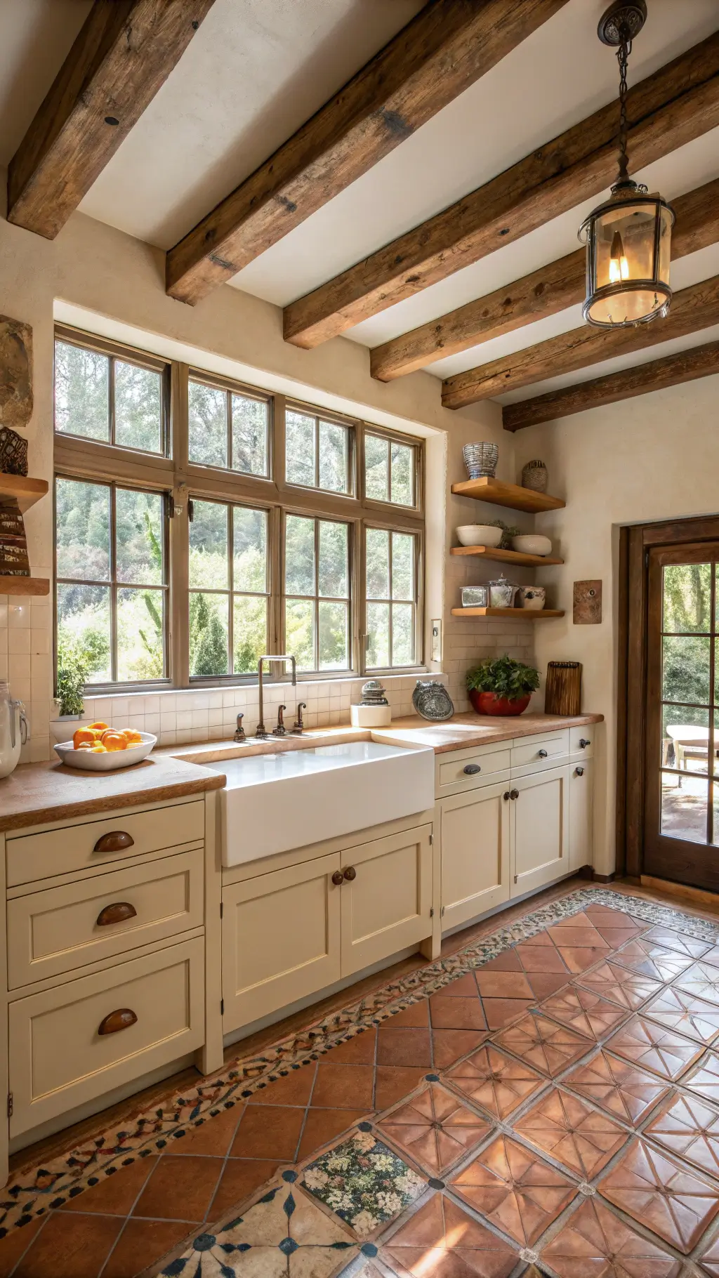 Rustic Mediterranean kitchen with exposed ceiling beams, cream cabinets, copper hardware, butcher block islands, earthenware on open shelves, flooded with morning light from windows above farmhouse sink, geometric-patterned terracotta tile floor