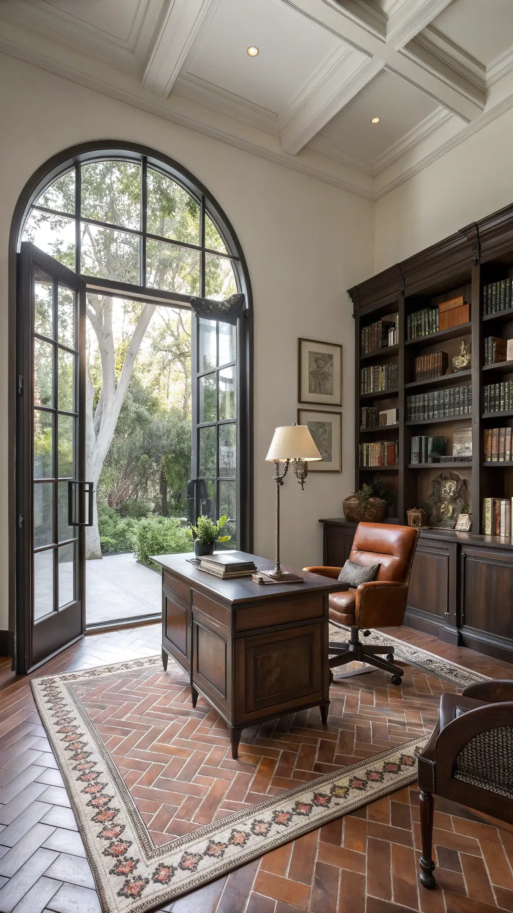 Cozy Spanish Revival interior with warm lighting and rustic decor