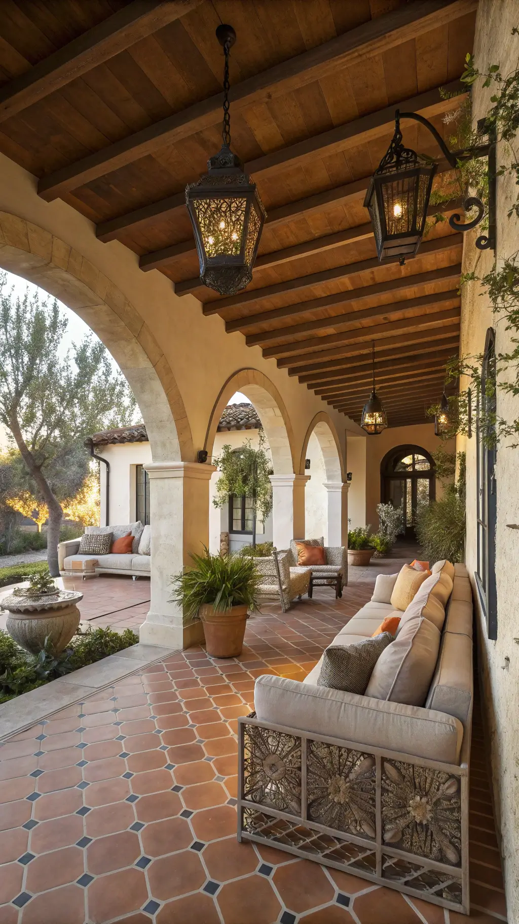 Golden hour light filtering through the archways of a welcoming 12x20ft covered loggia, featuring vintage iron lanterns, weather-worn wooden beams, terracotta fountains, potted citrus trees, comfortable seating in performance fabrics, and traditional patterned handmade tile floor.