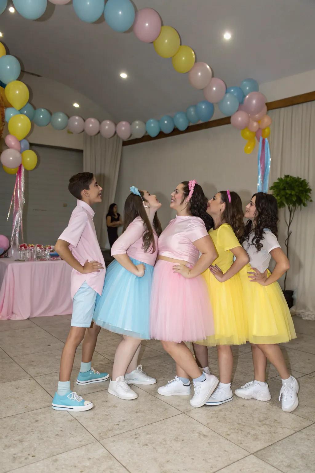 Sweet sixteen court dressed in coordinated pastel colors.
