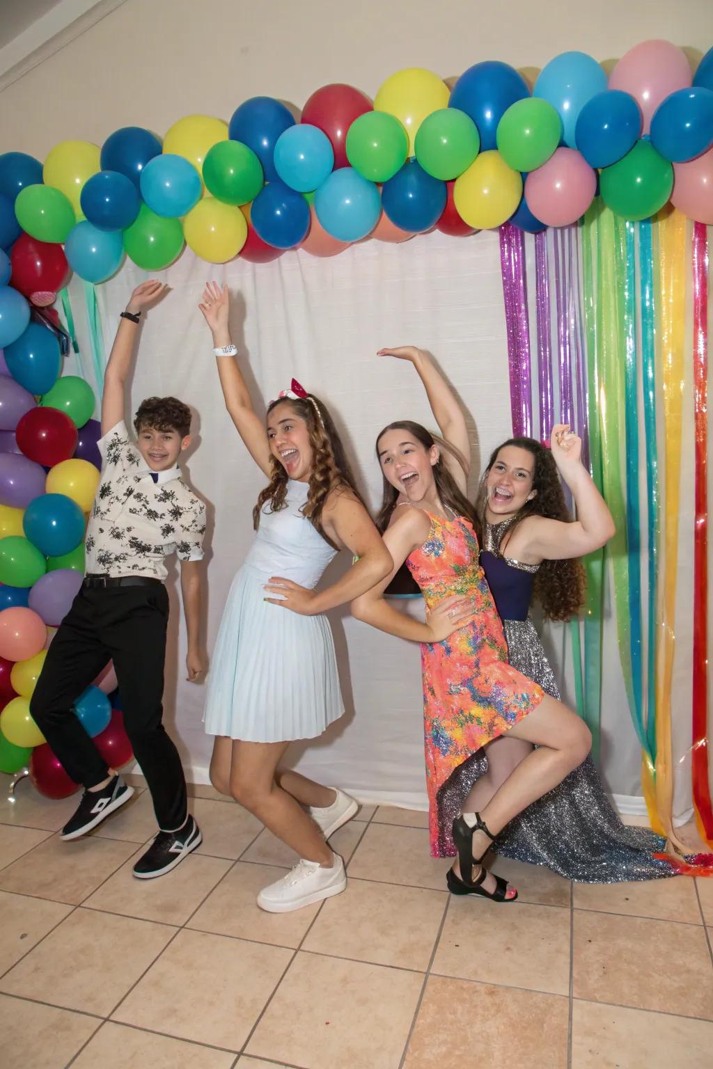 Teenagers posing creatively at a sweet sixteen.