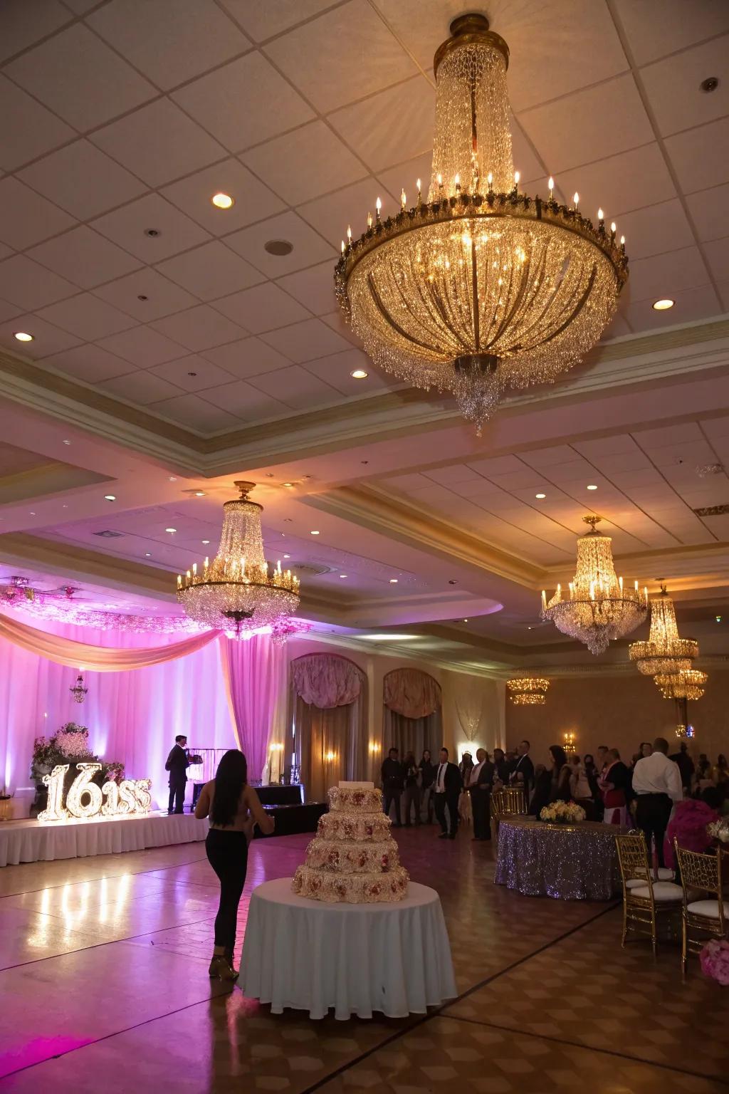 Luxurious chandeliers illuminating a ballroom.