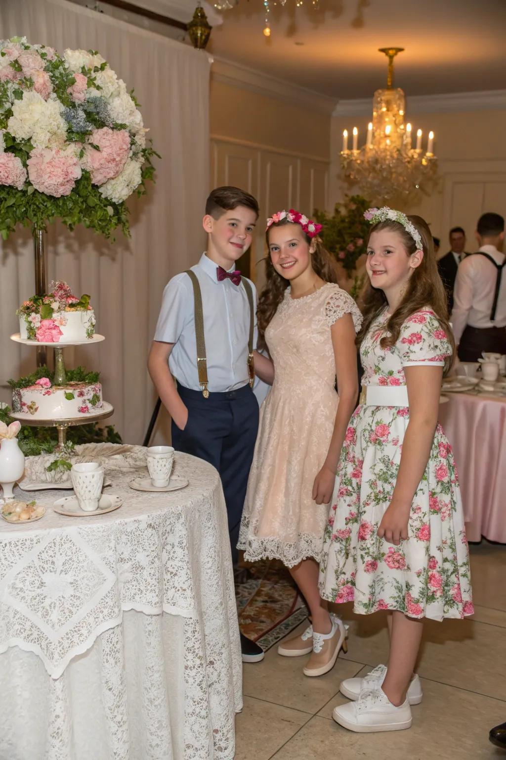 Teens dressed according to a themed dress code at a sweet sixteen.