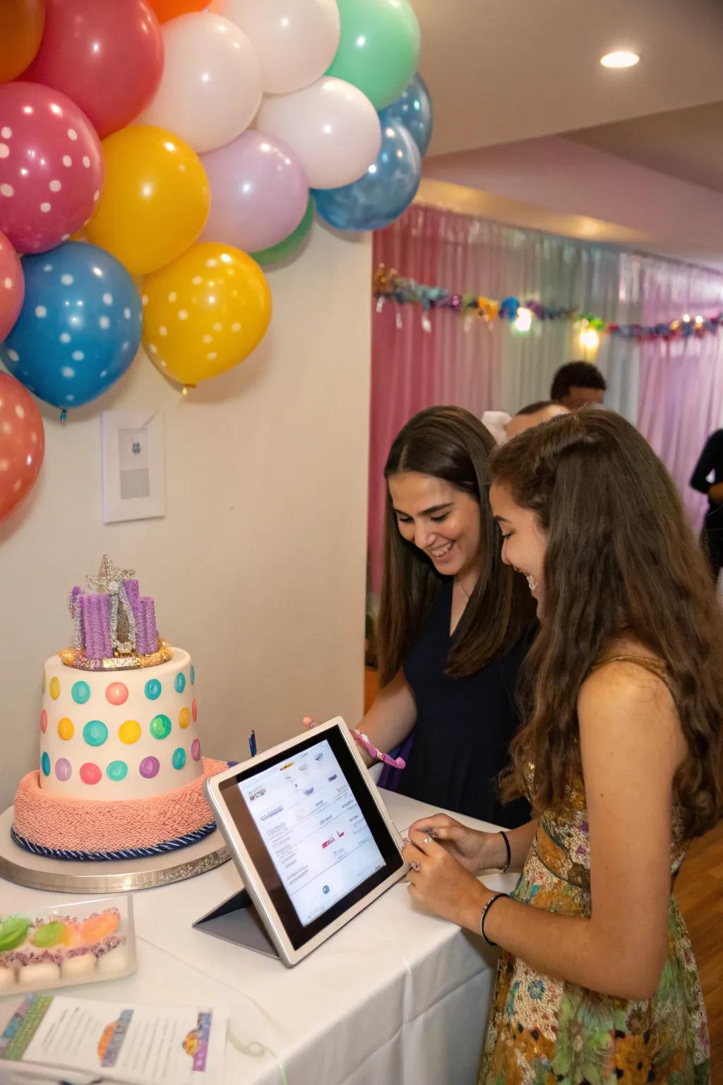 Guests signing a virtual guestbook at a sweet sixteen.
