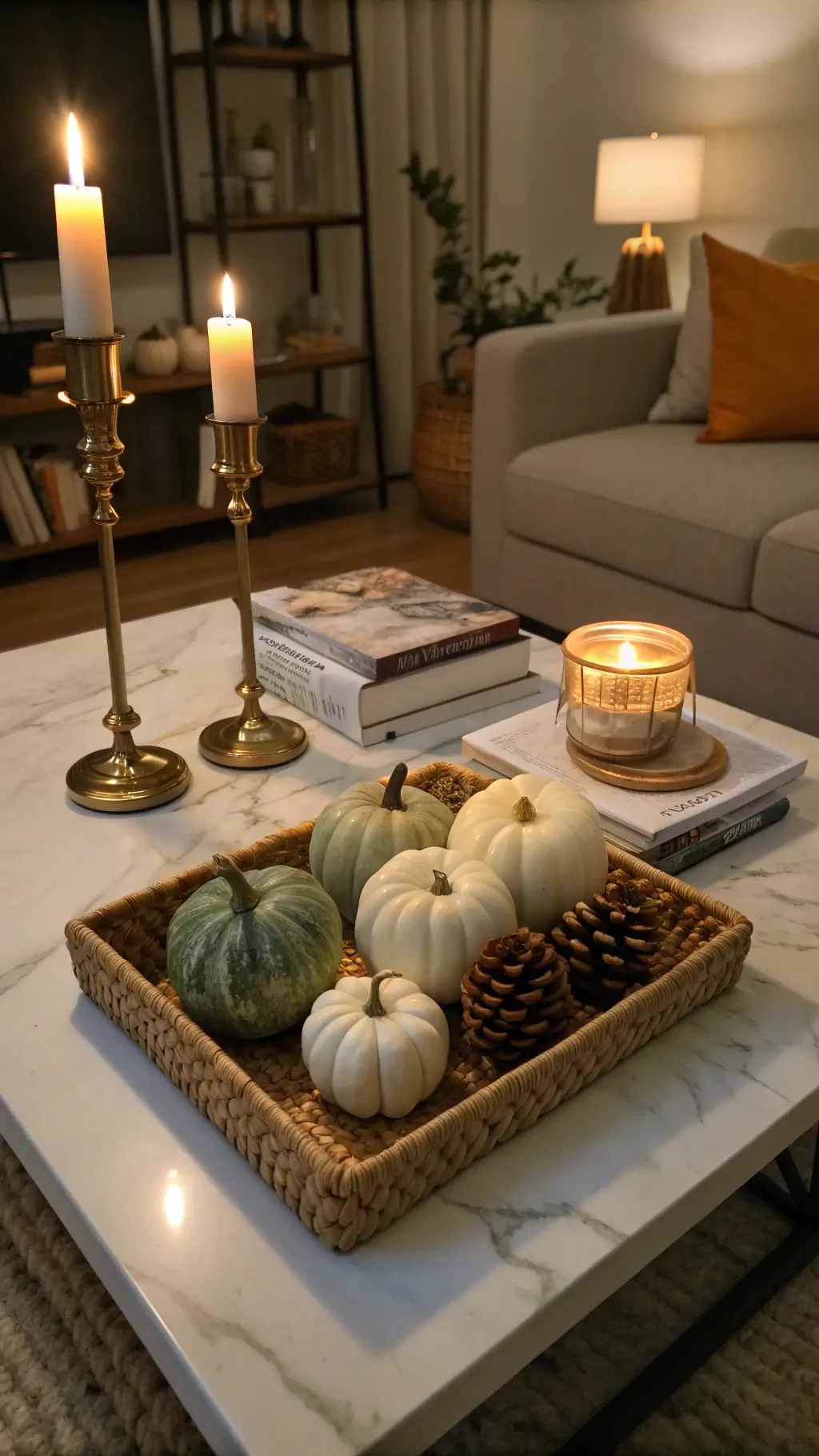 Cozy living room with marble coffee table decorated with ceramic pumpkins, antique books, and candles in brass-rimmed hurricanes