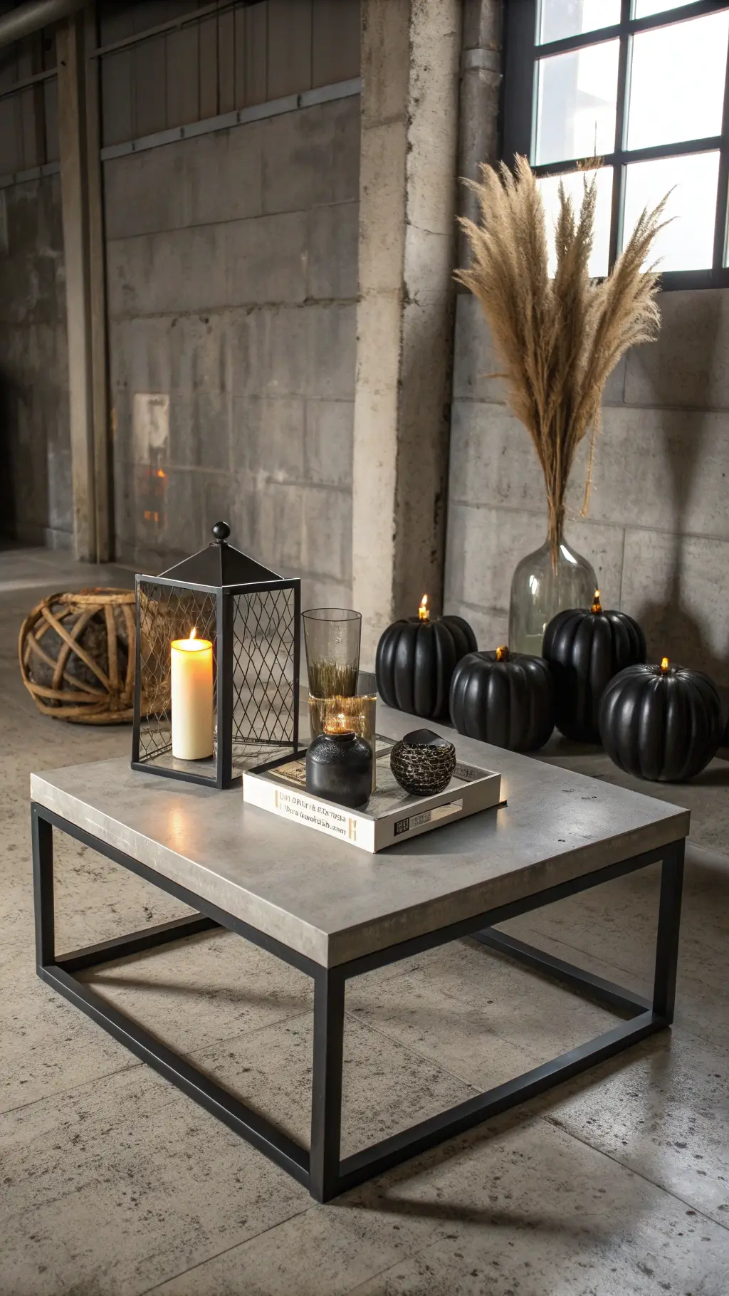 Industrial urban loft with concrete and steel coffee table decorated with black ceramic pumpkins, brass geometric objects, smoky glass vases with dried pampas grass