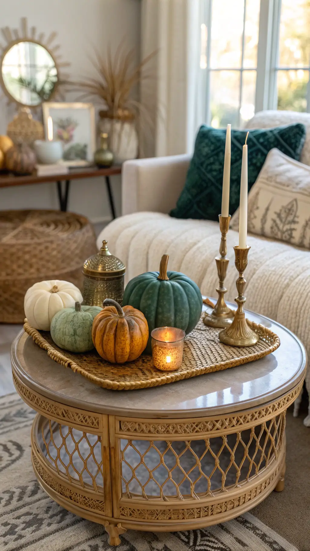 Bohemian living room with velvet pumpkins on brass tray atop rattan table, vintage candlesticks, dried palm fronds, textured pottery, and crystal geodes