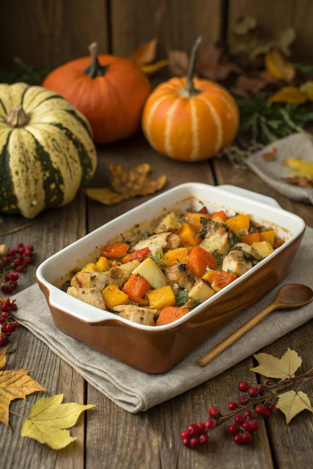 Harvest vegetable turkey casserole with vibrant colors