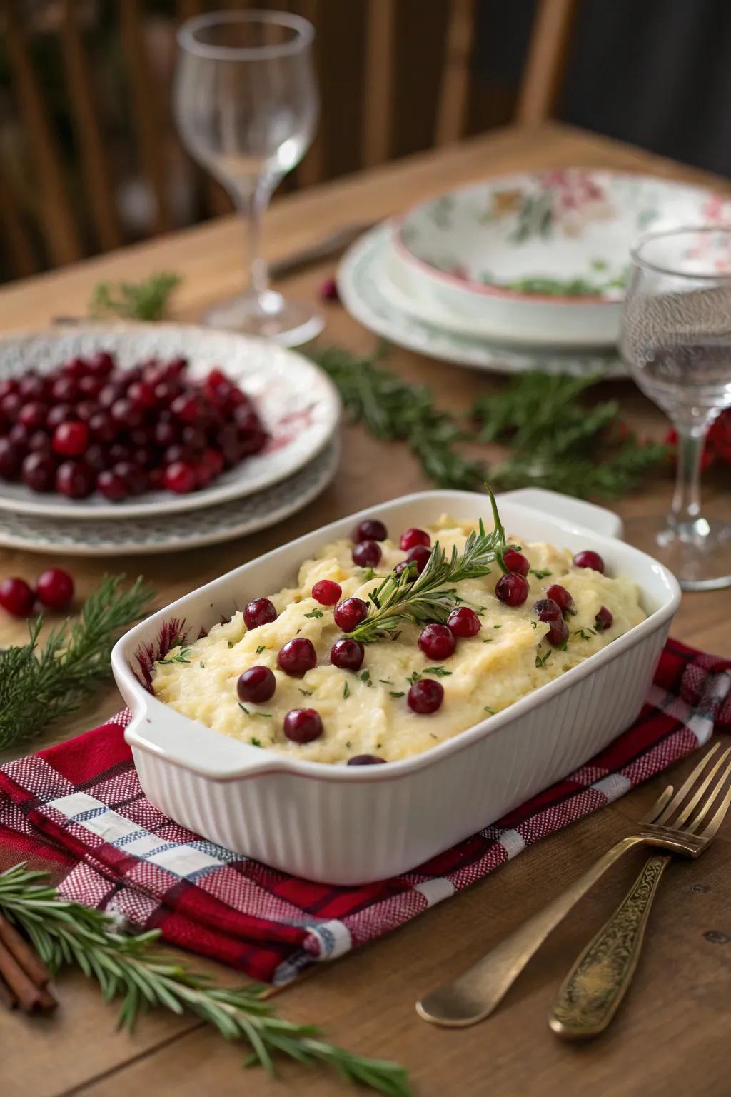 Cranberry turkey casserole with mashed potatoes