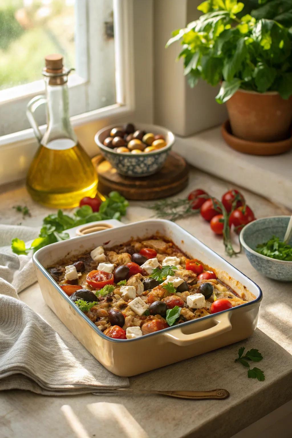 Mediterranean turkey casserole with olives, tomatoes, and feta