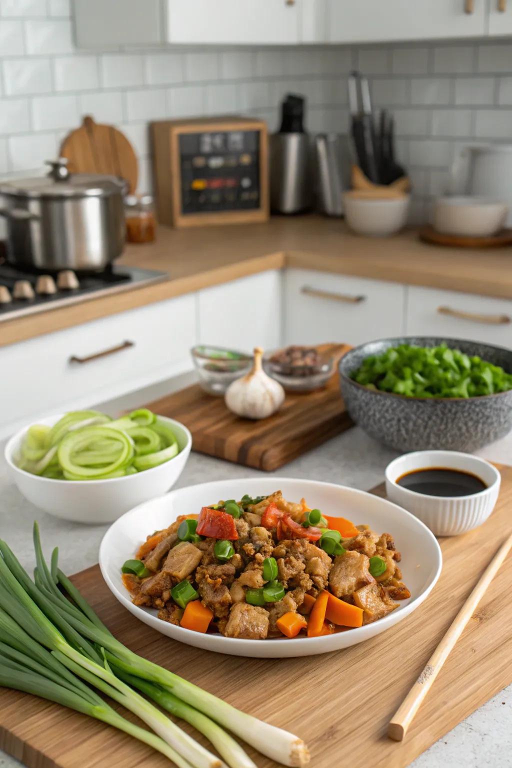 Asian-style turkey casserole with soy sauce and ginger