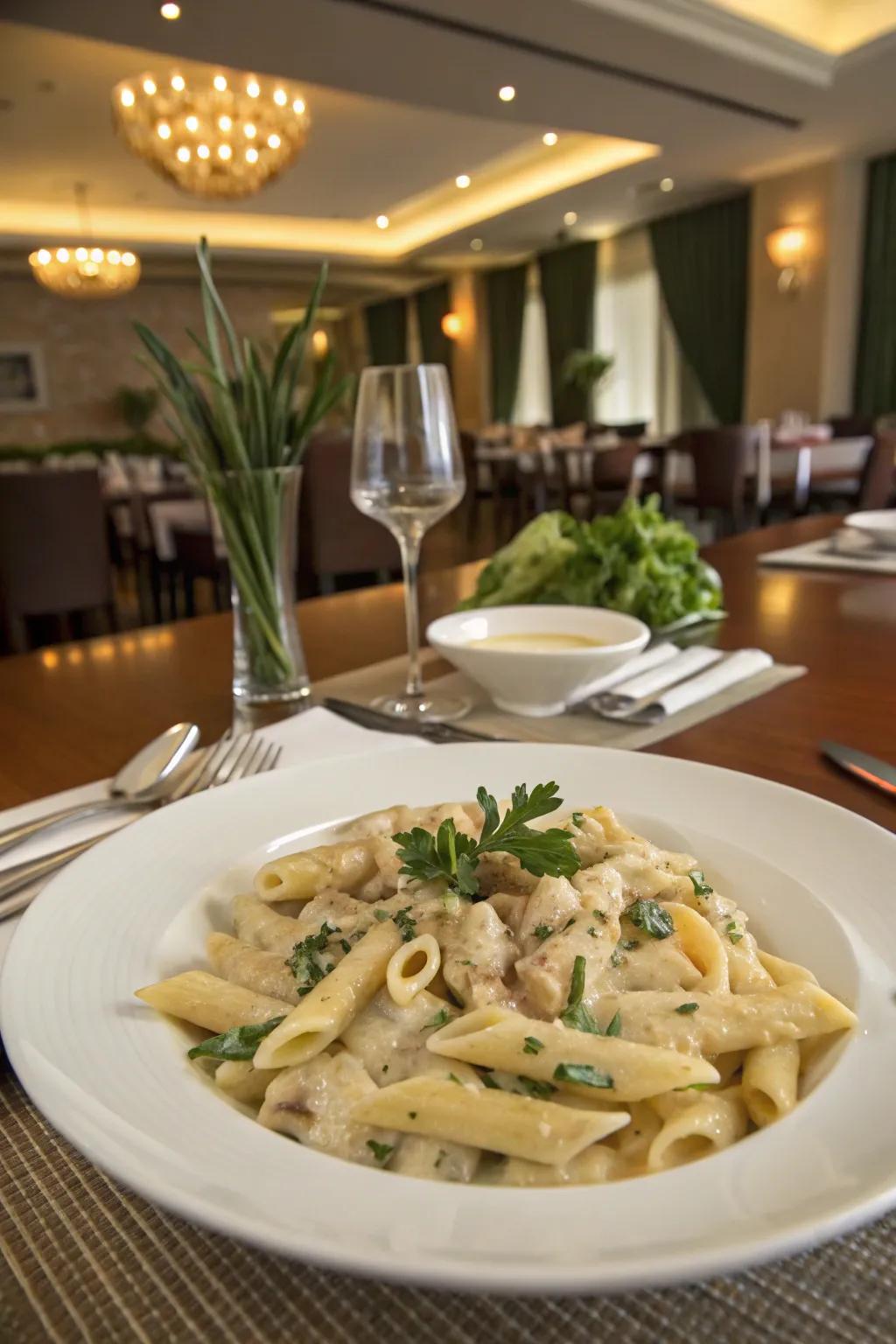 Rich turkey Alfredo casserole with penne pasta