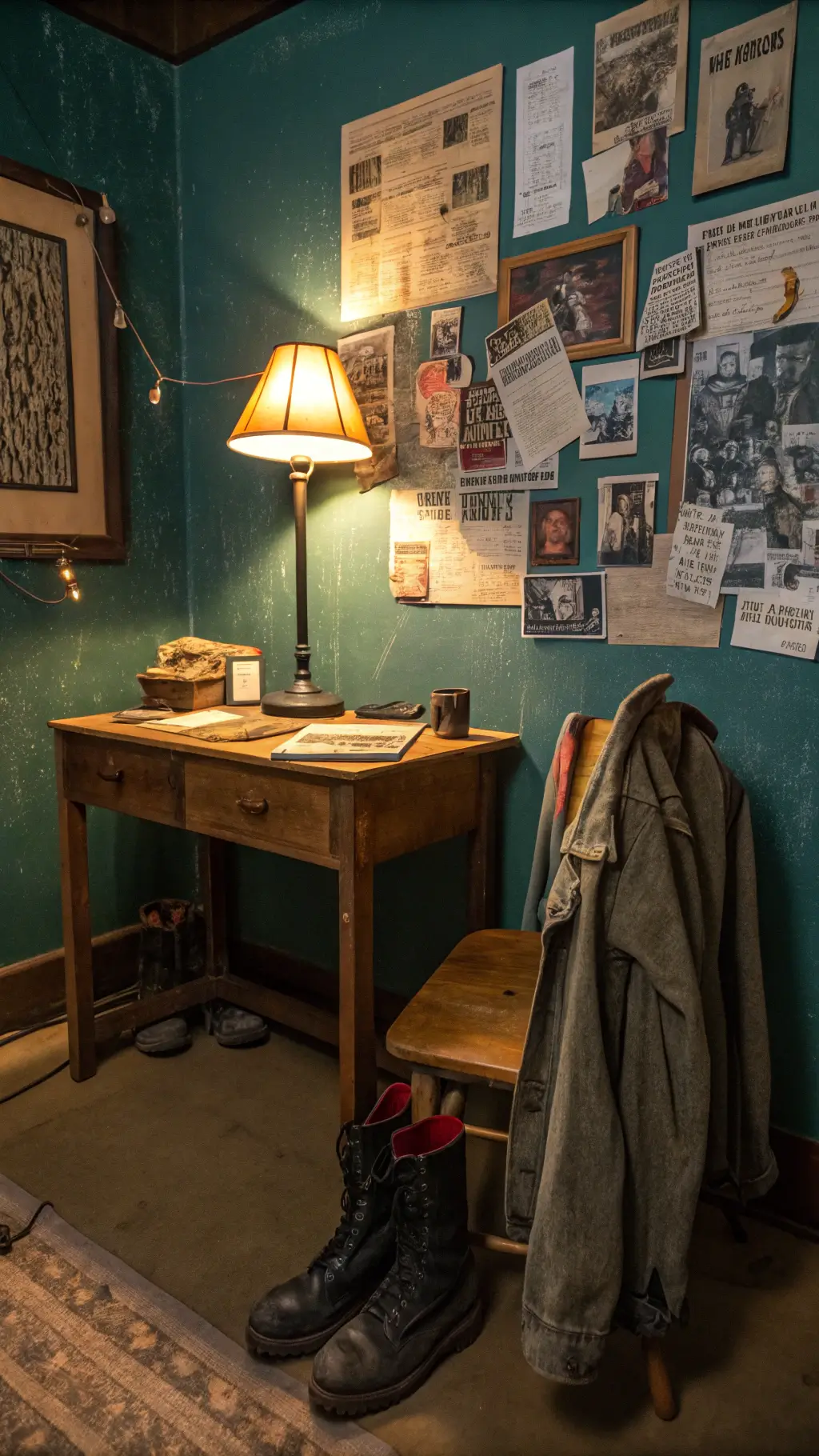Bedroom corner with forest green walls, vintage wooden desk with lamp, wall covered in concert tickets and poster collage, denim jacket and boots casually on floor.