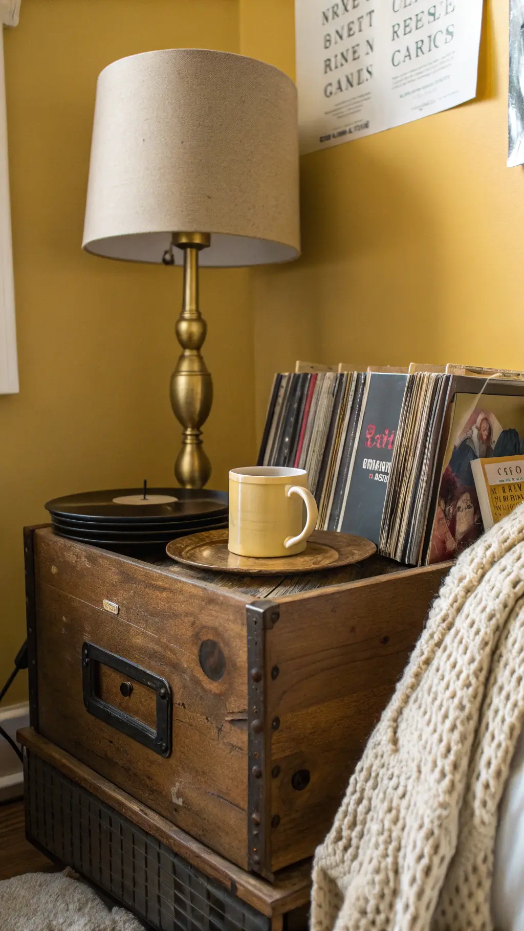 Bedside vignette with vintage vinyl records, brass lamp with torn shade, antique coffee mug on weathered milk crate, mustard yellow accent wall decorated with show flyers and ticket stubs.