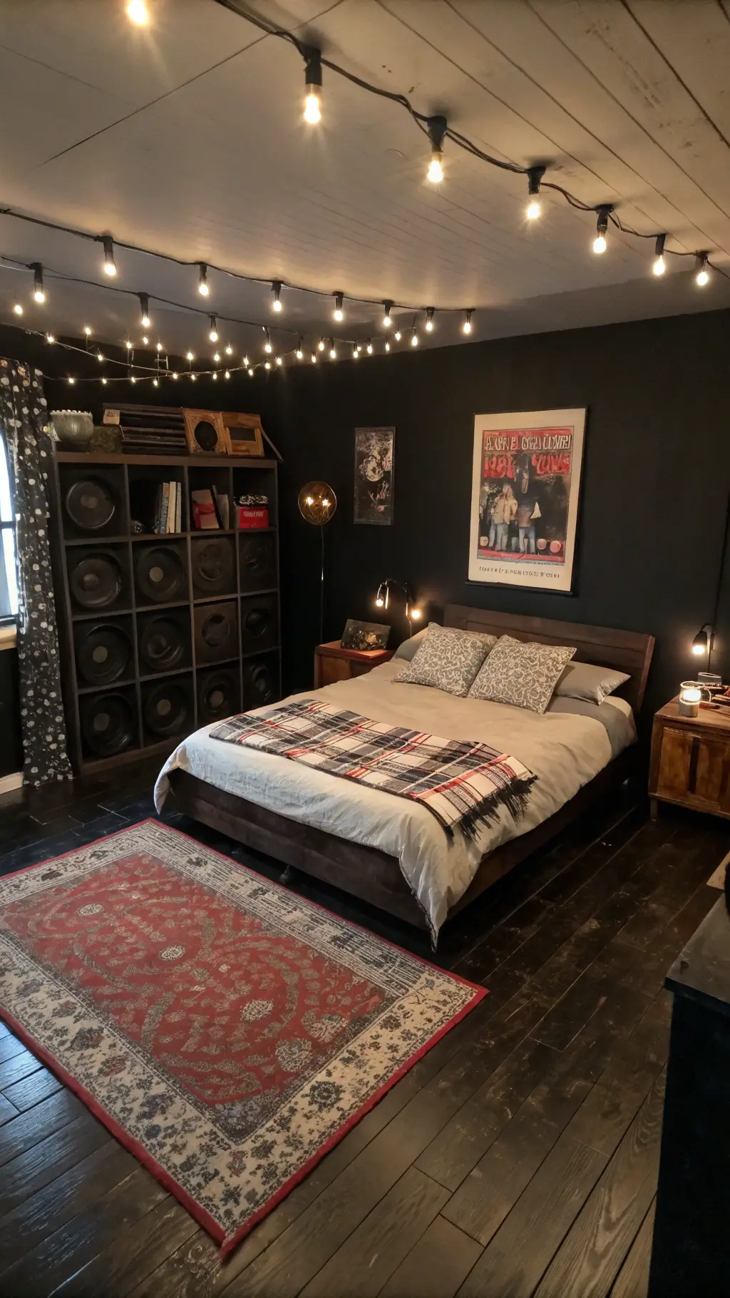 Overhead view of grunge-inspired bedroom with queen bed, scattered band tees, flannels, vintage speaker divider, constellation string lights at twilight.