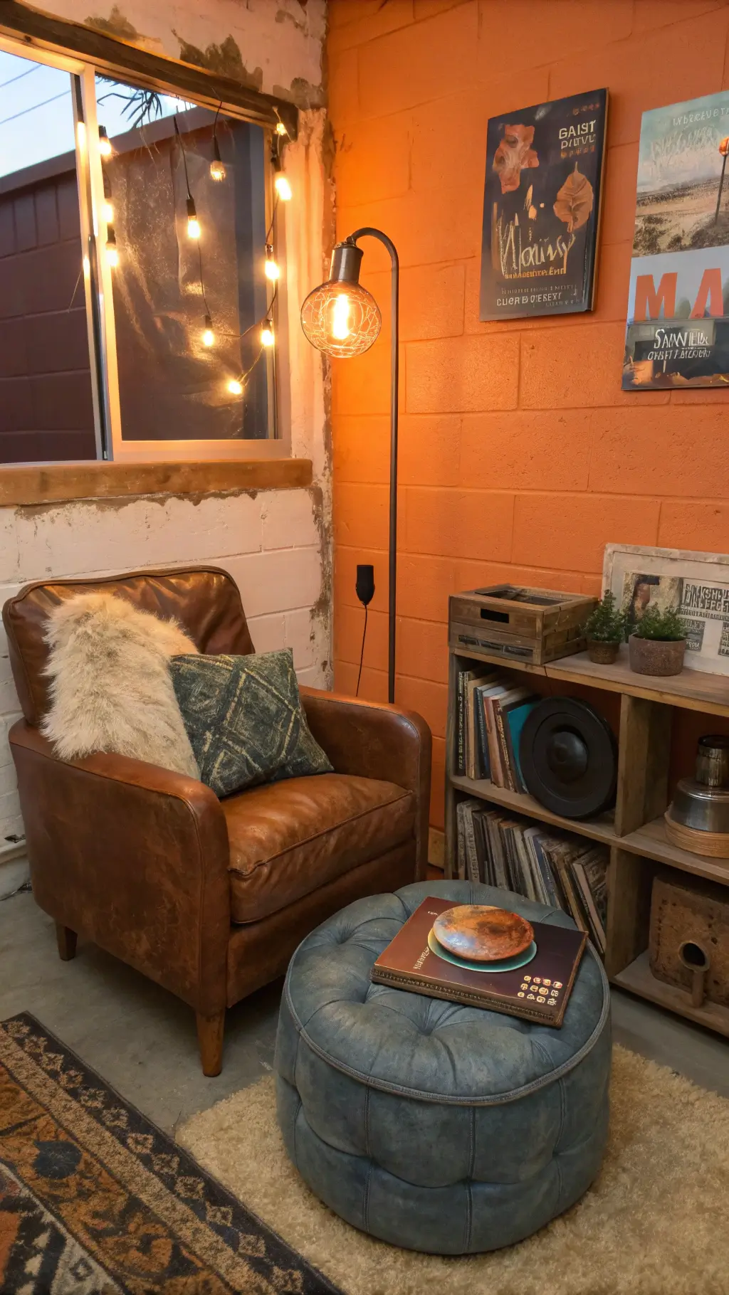 Cozy reading nook with weathered leather armchair, denim pouf, copper floor lamp, vinyl collection on floating shelves, orange accent wall at dusk.