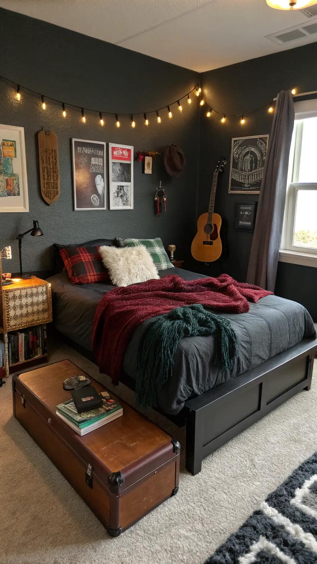 Late afternoon bedroom with platform bed in black sheets, knit throws, flannel and faux fur, deep greens and burgundies, wall-mounted guitar collection, vintage trunk coffee table, band memorabilia under string lights and neon sign.