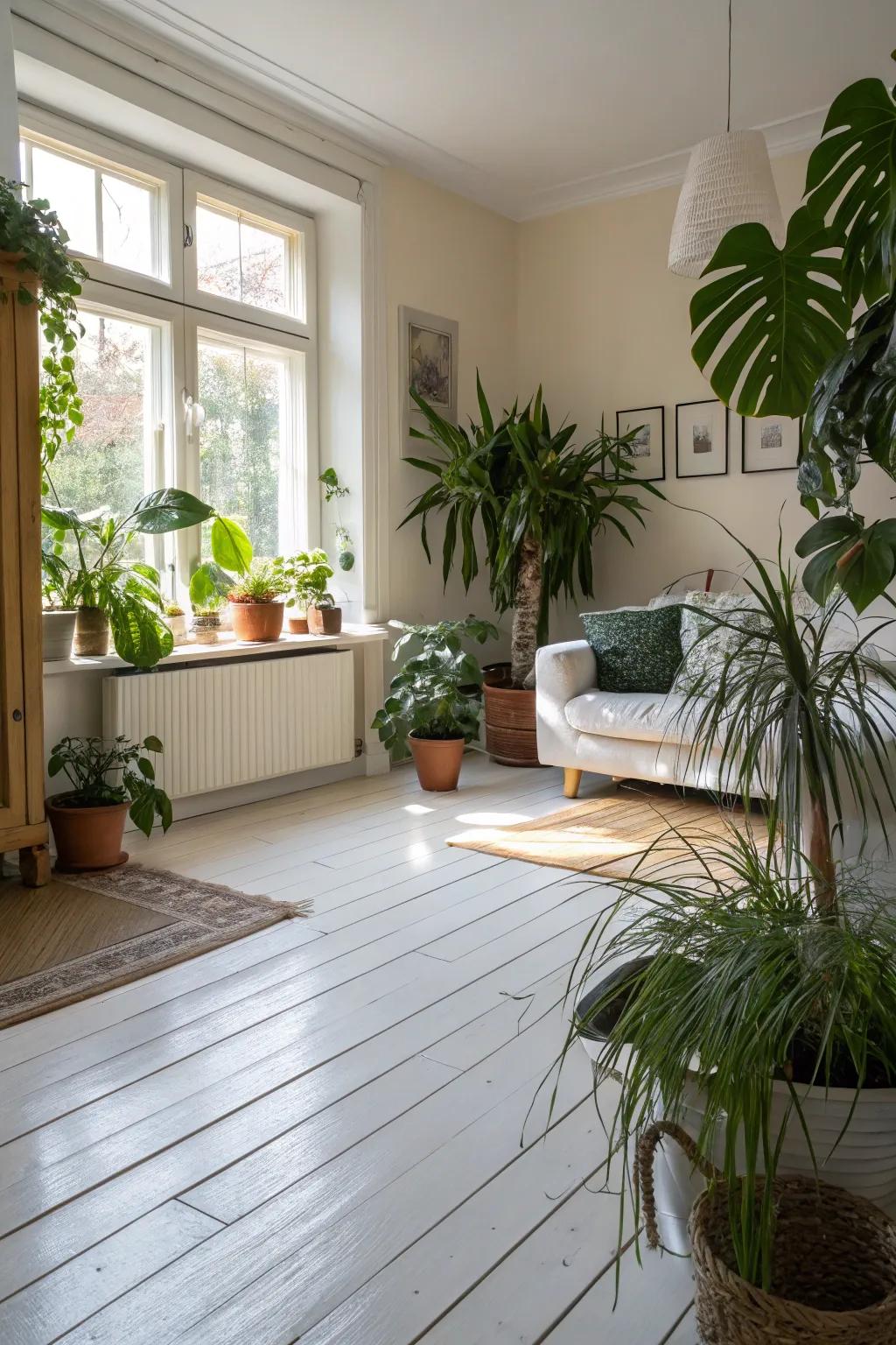 Vibrant plants refresh rooms with white wood floors.