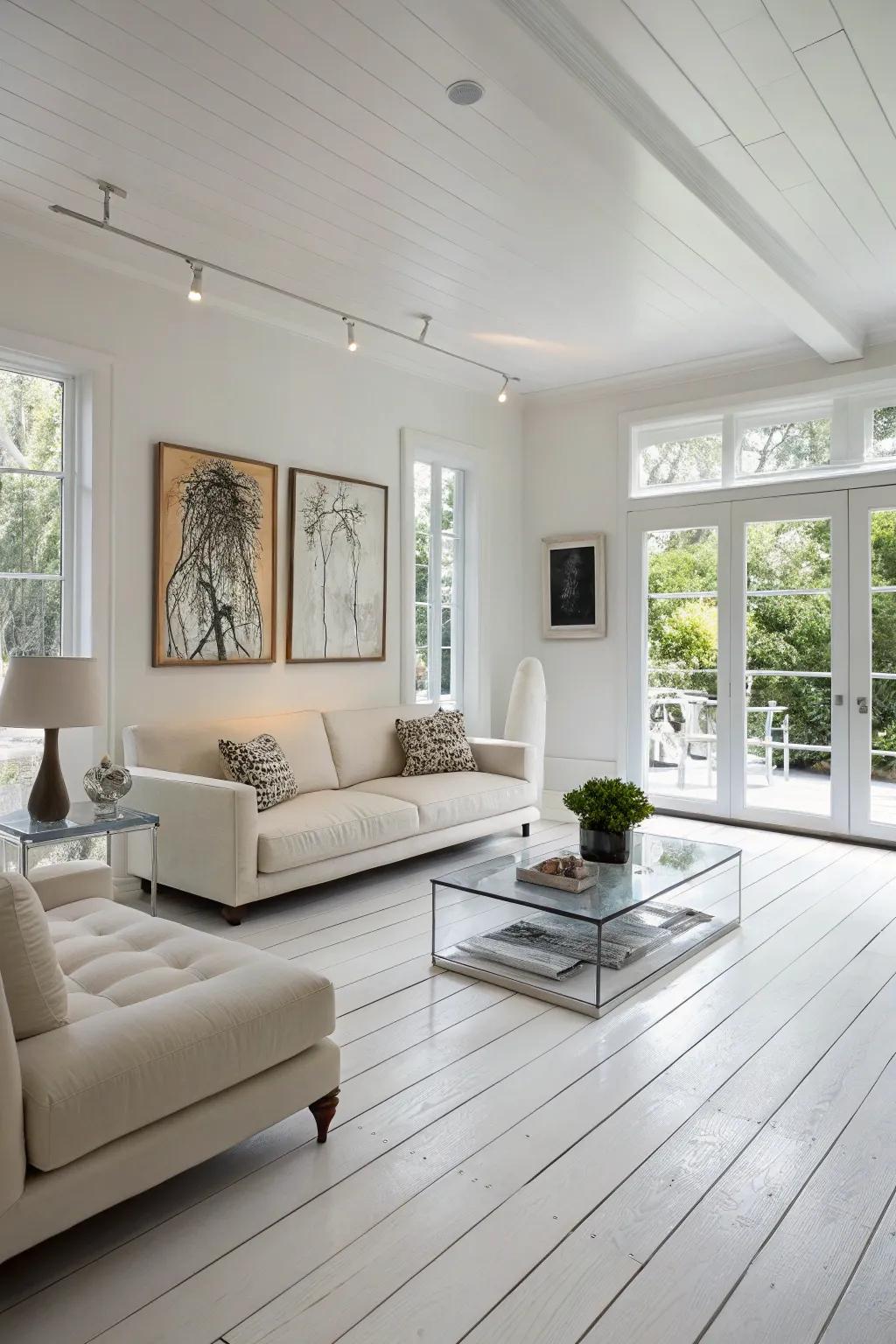 Modern furniture enhances the sleekness of white wood floors.