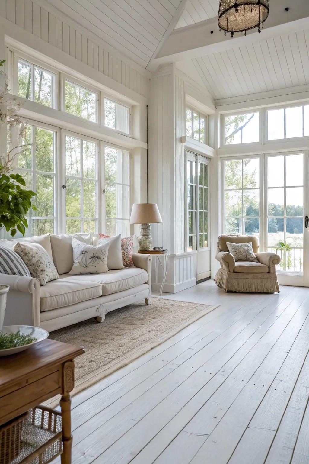 Sunlight enhances the airy feel of white wood floors.