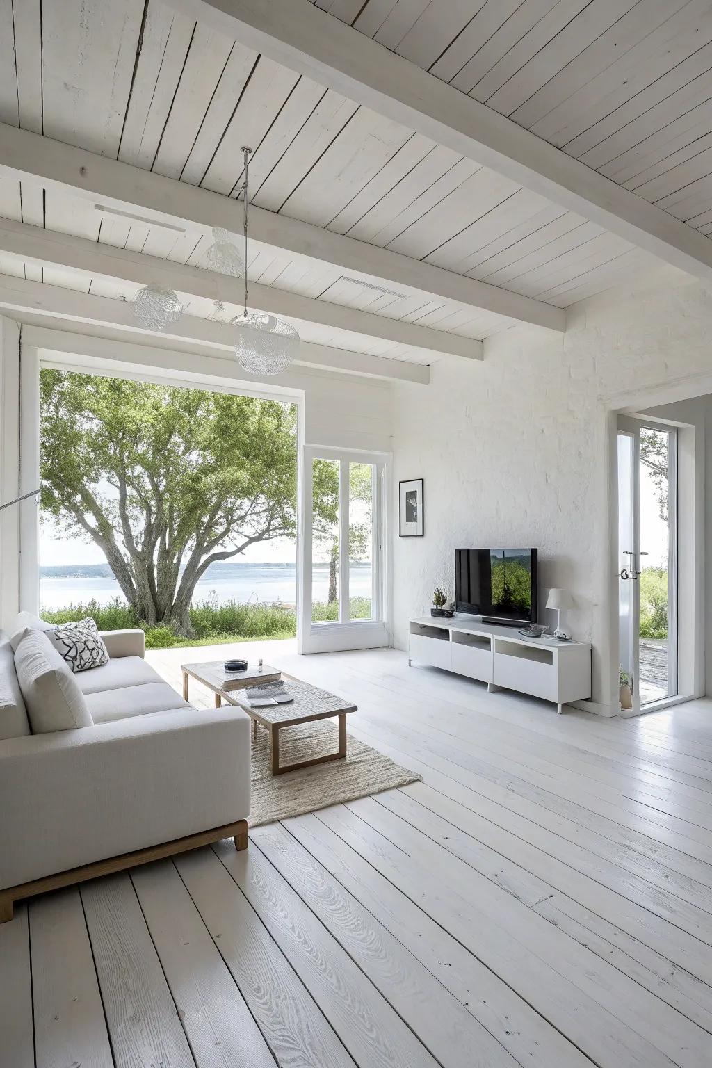 Minimalist design highlights the beauty of white wood floors.