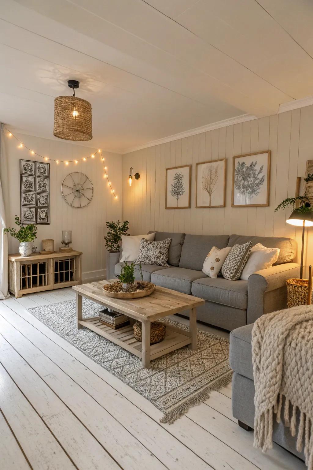 Neutral shades blend seamlessly with white wood floors for a sophisticated look.