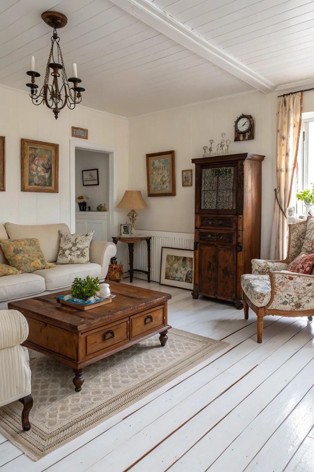 Vintage decor adds warmth and personality to white wood floors.