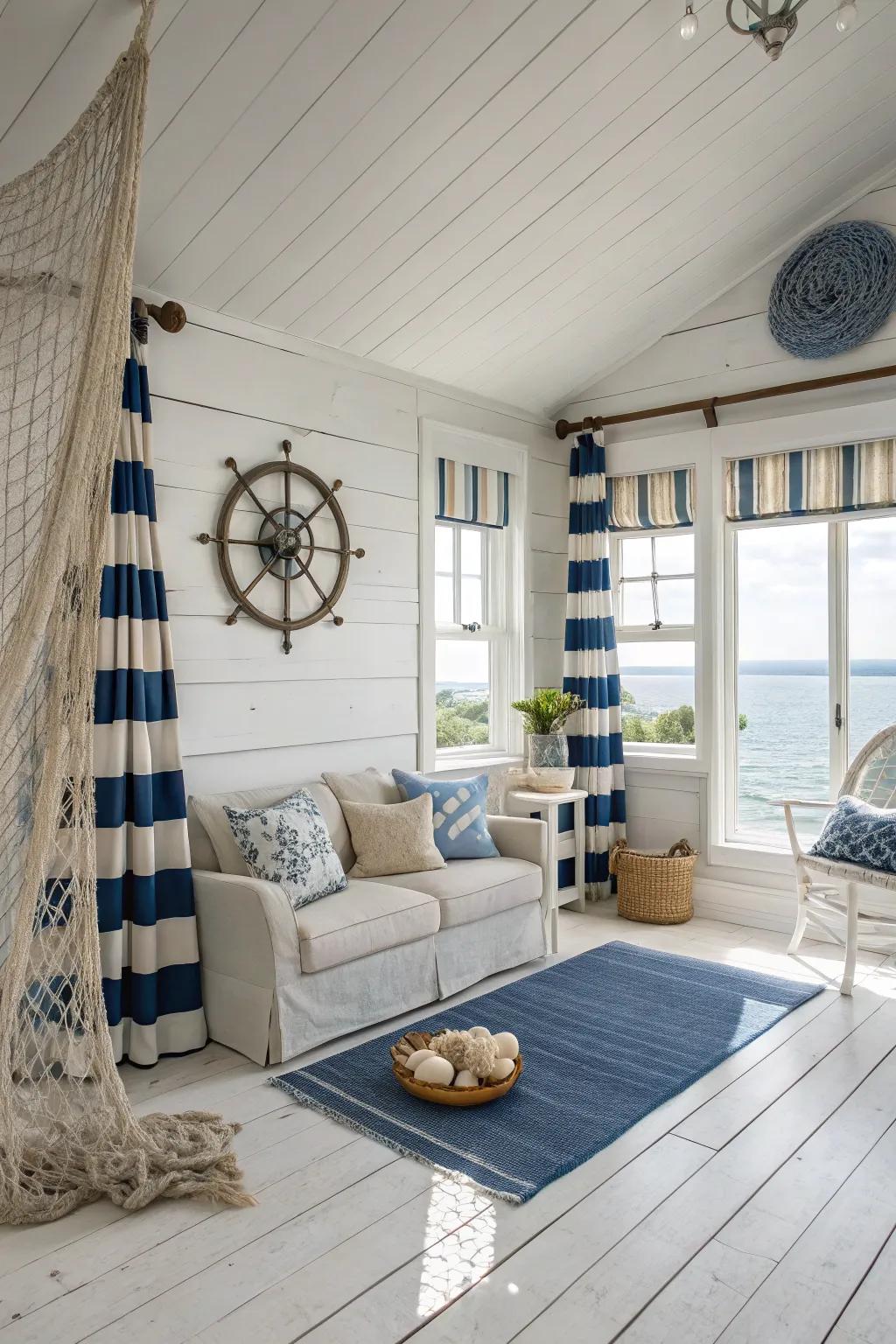 Coastal decor evokes a peaceful seaside atmosphere with white wood floors.