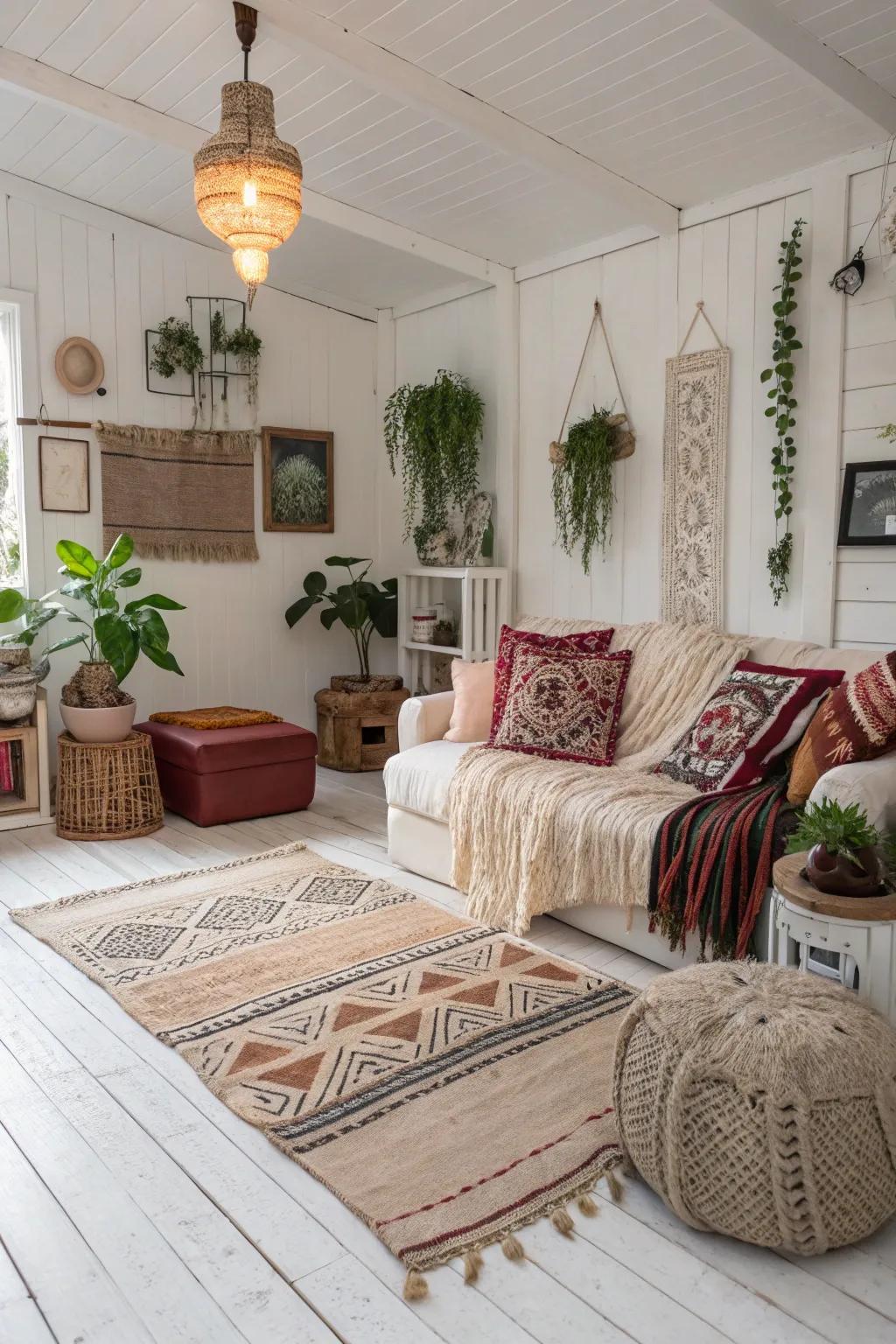 Bohemian decor adds color and texture to white wood floors.