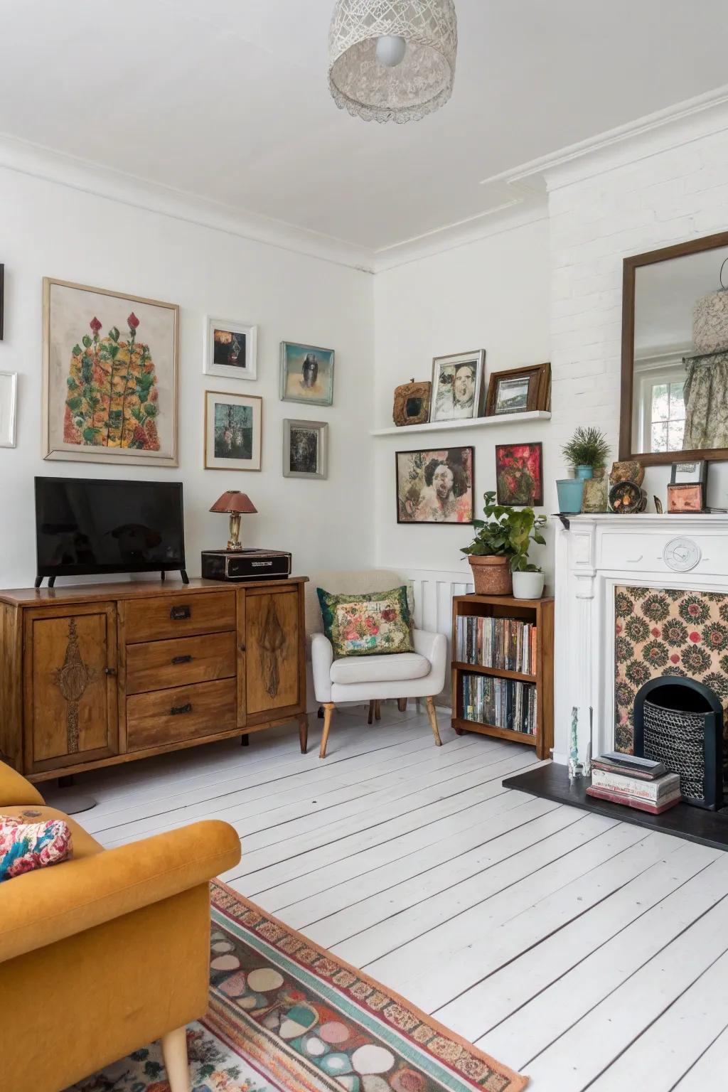 Eclectic decor combines diverse elements on white wood floors.