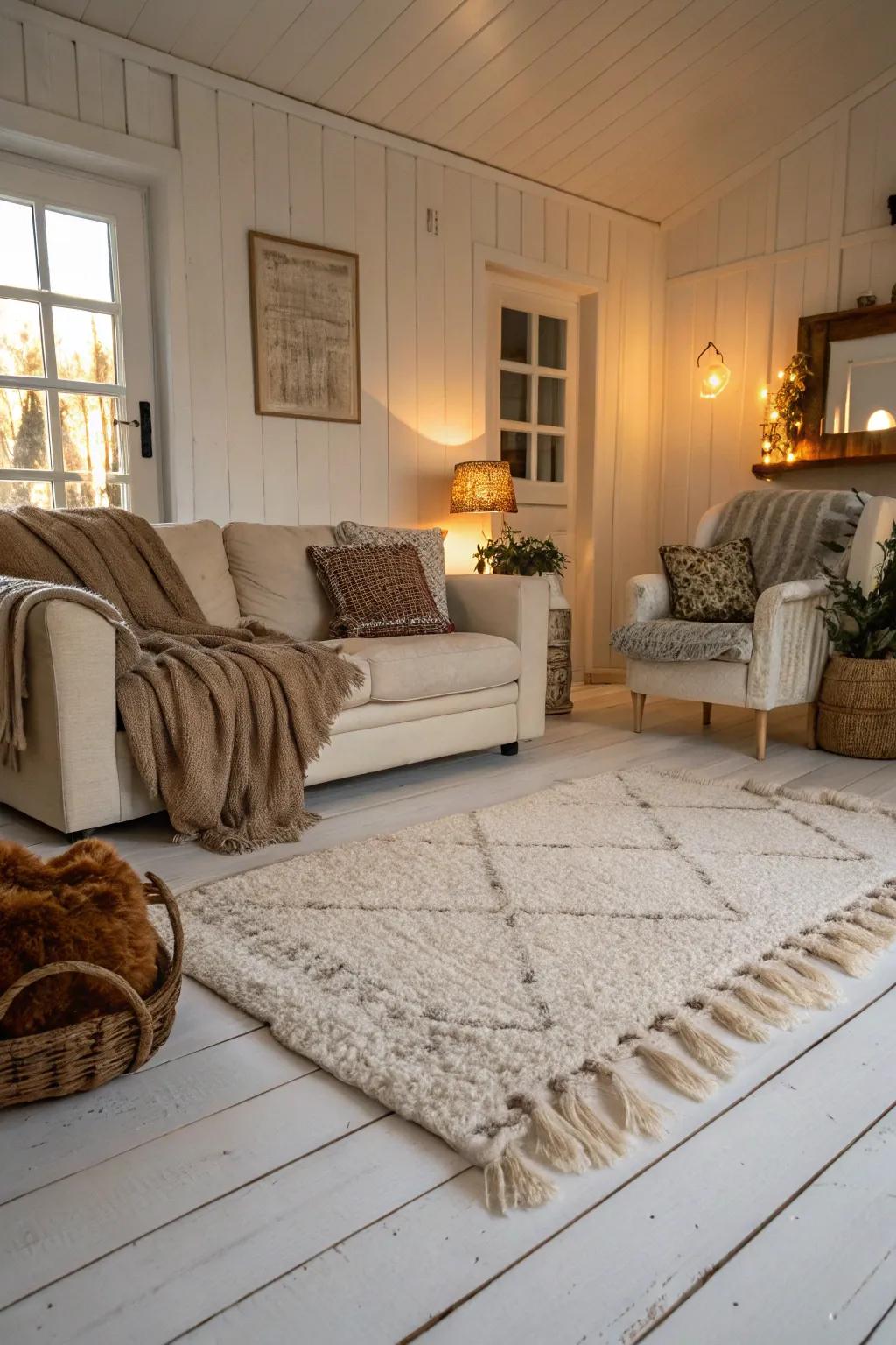 Soft textures add warmth and comfort to white wood floors.