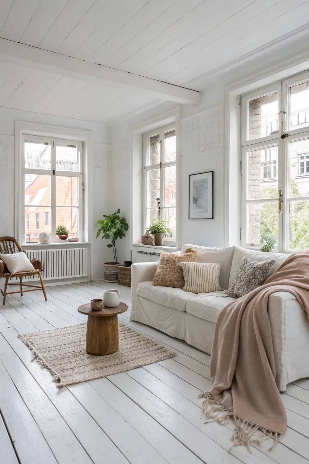 Scandinavian design highlights simplicity on white wood floors.