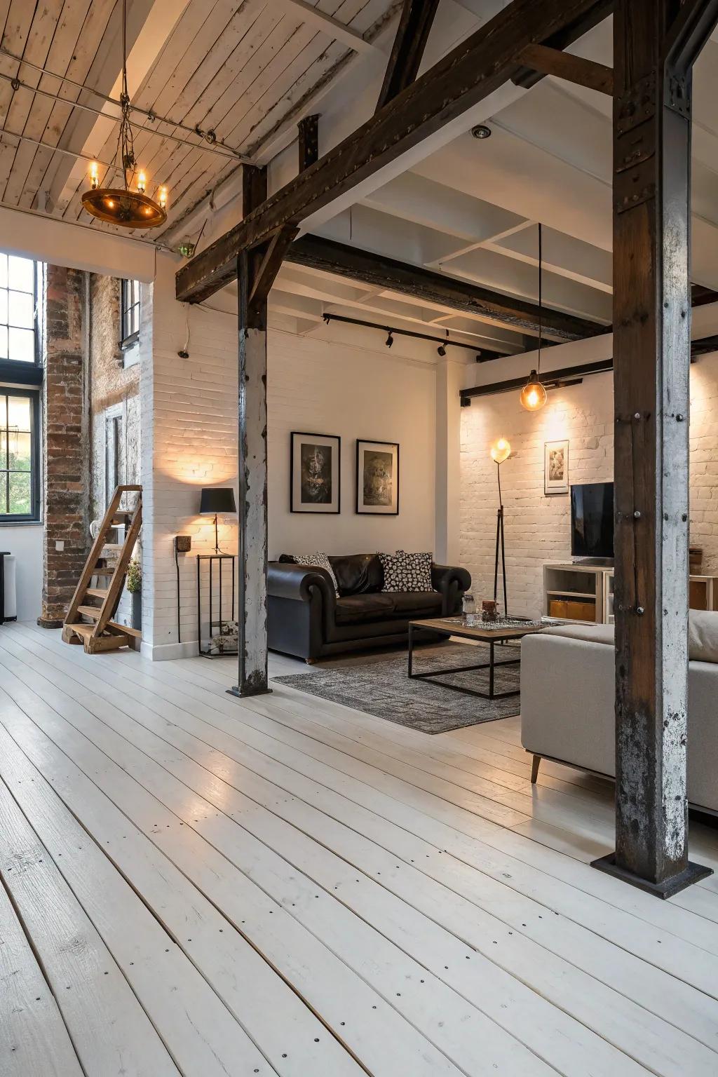 Industrial style complements white wood floors with modern flair.