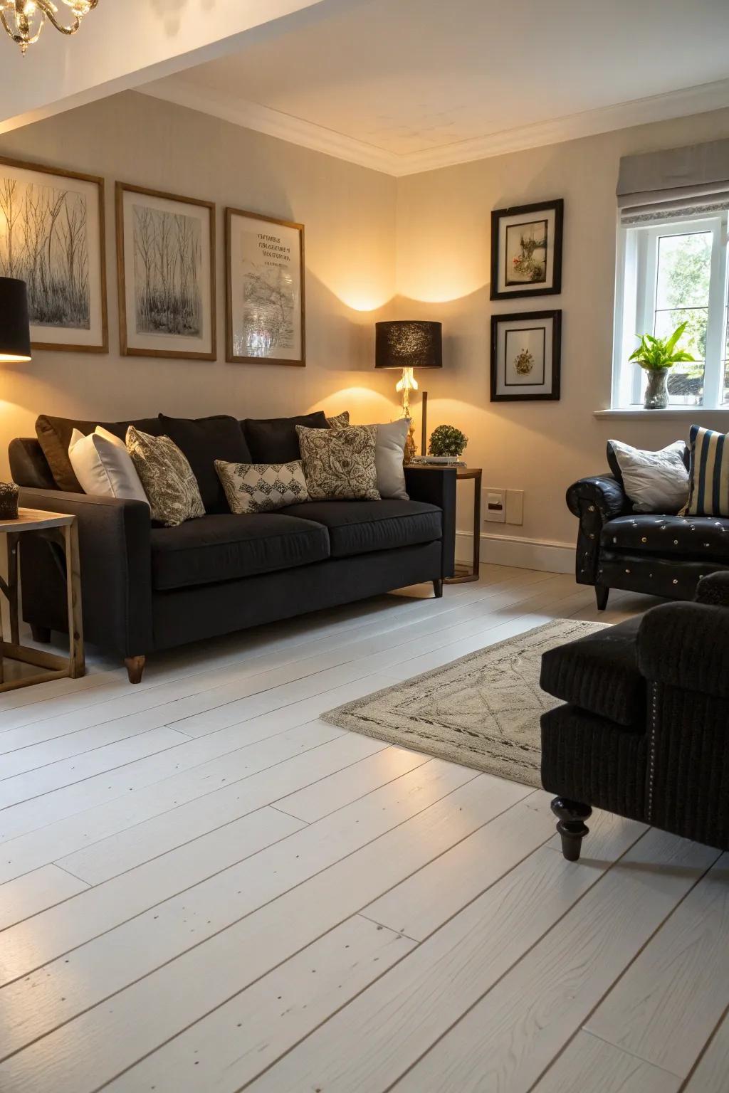 Dark furniture creates striking contrast on white wood floors.