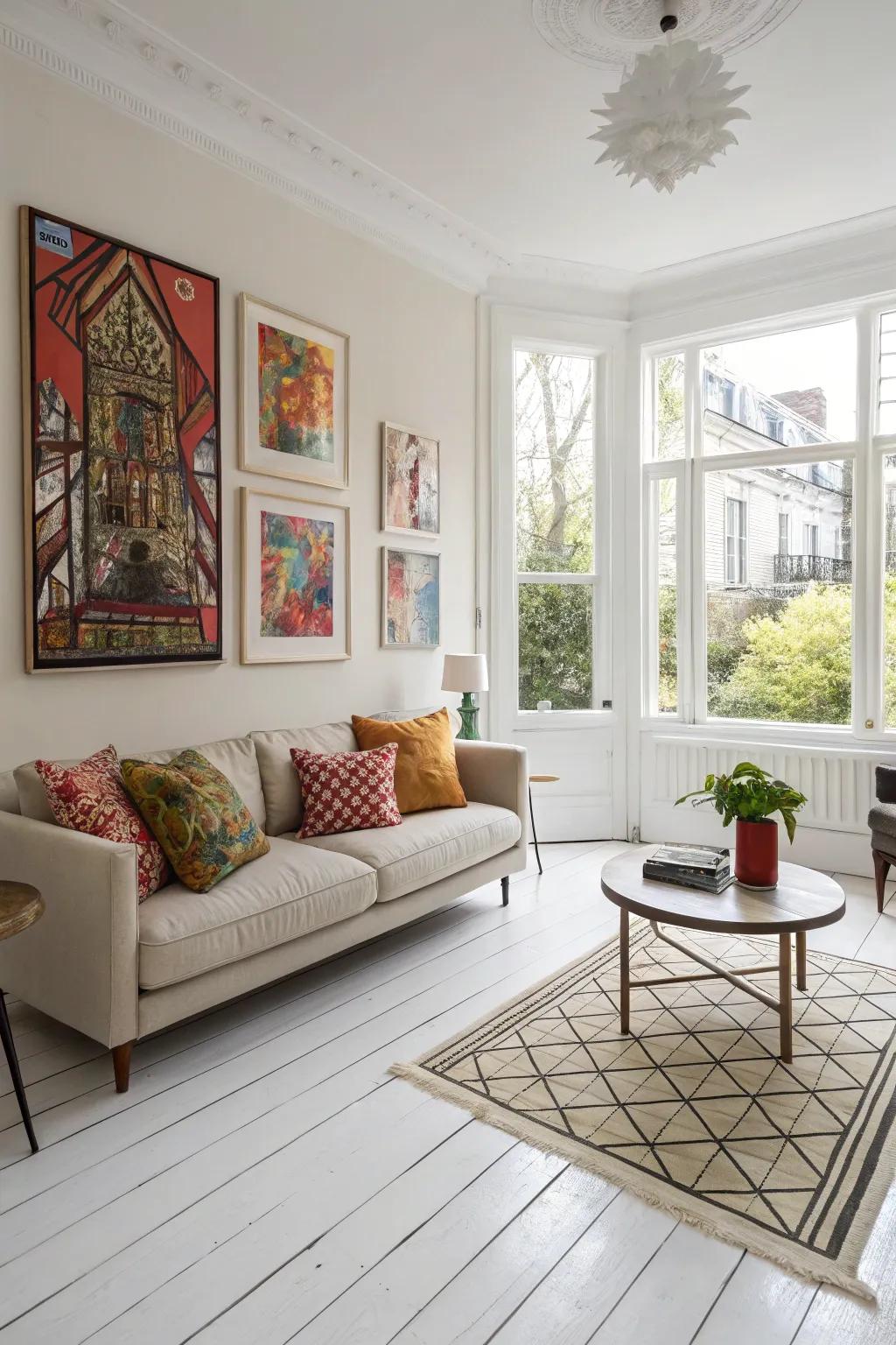 Art pieces stand out beautifully on white wood floors.