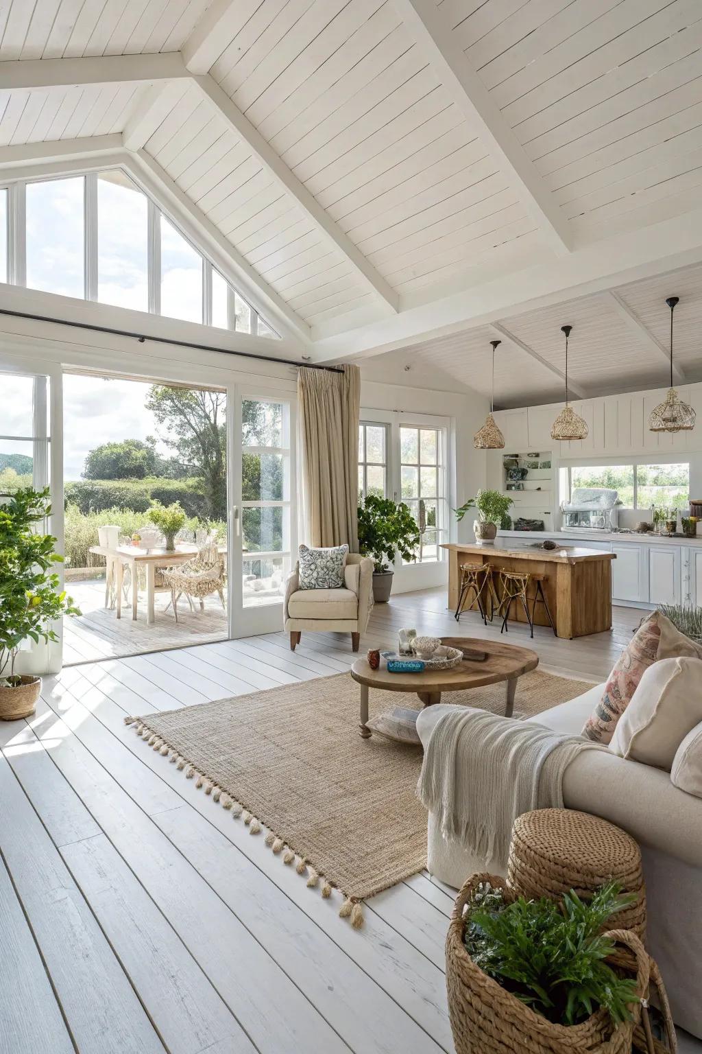 Open floor plans feel spacious and connected with white wood floors.