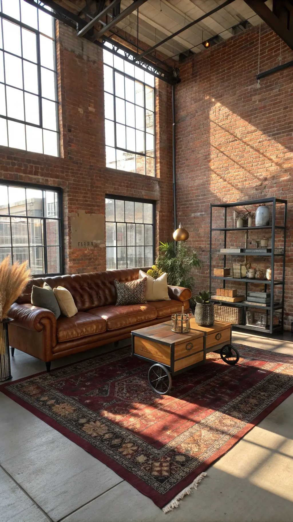 Industrial loft with exposed brick walls, steel windows, cognac leather sectional with amber, olive, and cream pillows, vintage cart coffee table, brass accents, dried grasses, deep burgundy rug, black metal shelving, and copper decor