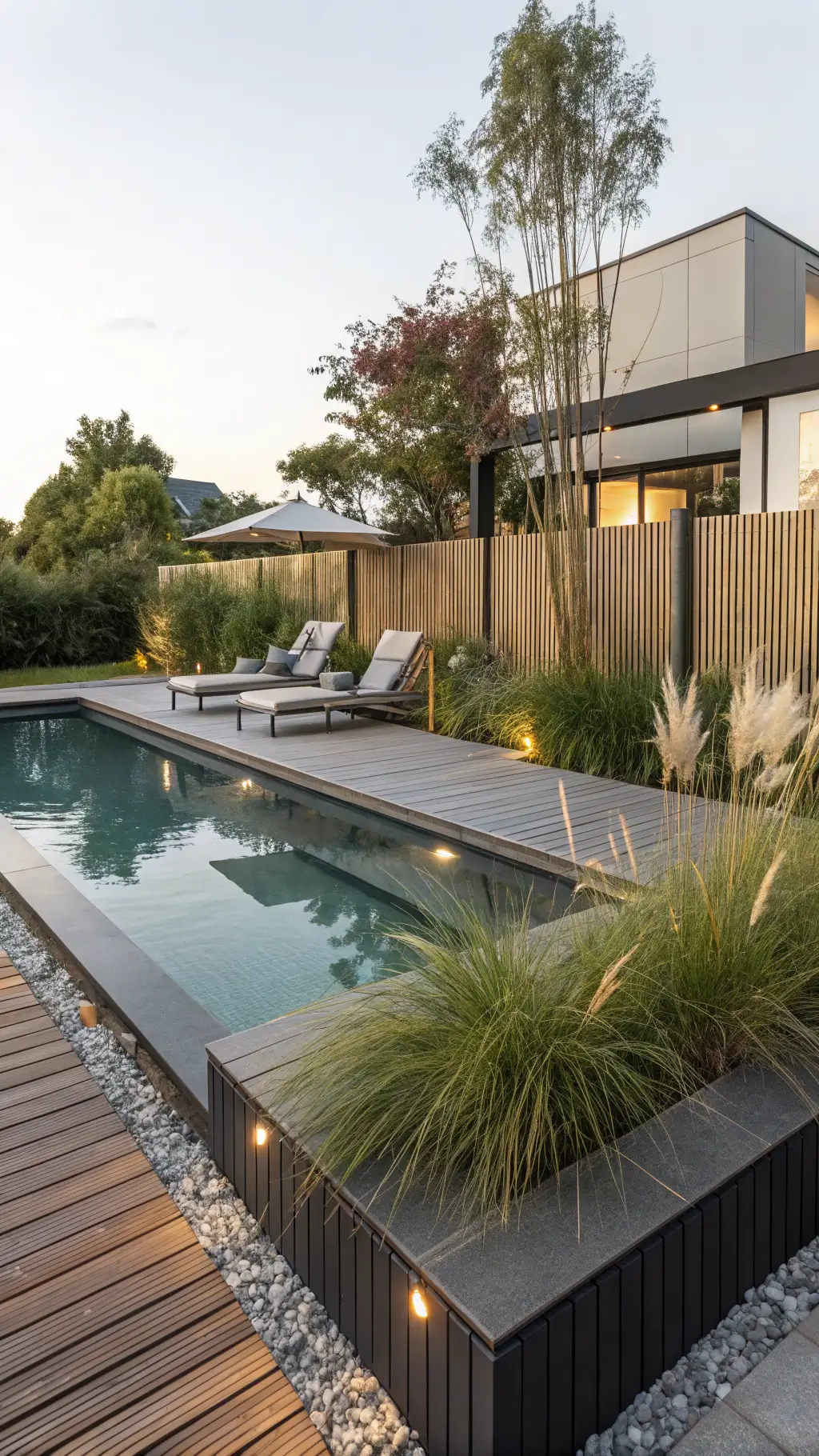 Minimalist outdoor lounge furniture with bamboo privacy screen