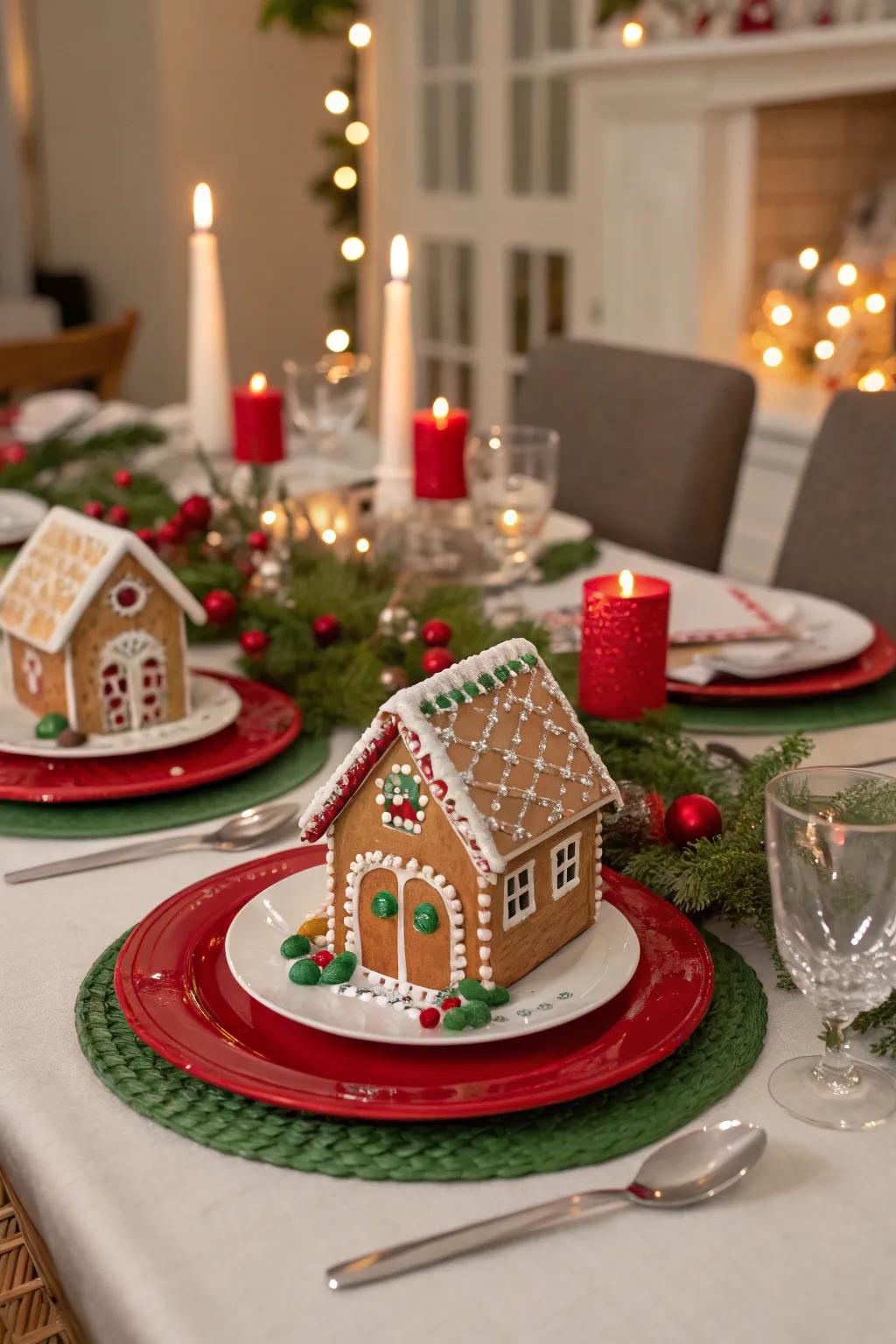 Mini gingerbread houses add a charming and edible touch.
