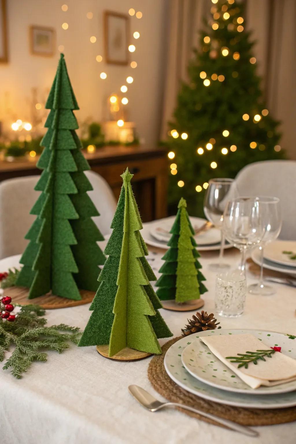 Handcrafted felt trees add a simple yet charming touch.