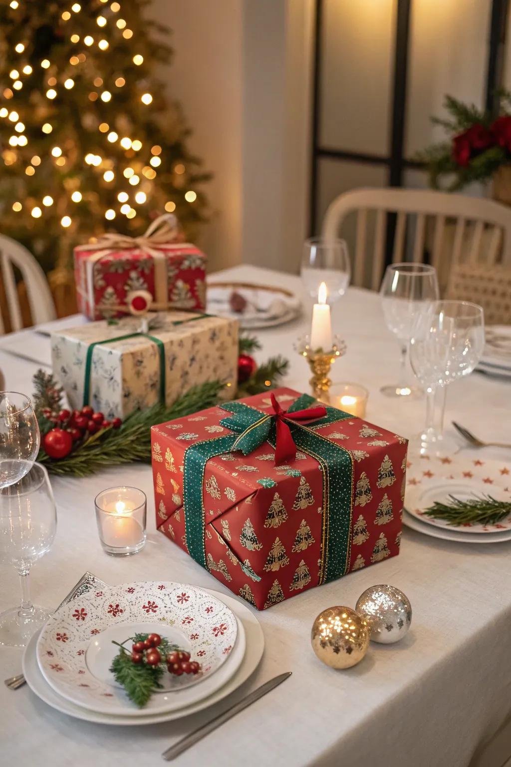 Wrapped gifts as centerpieces add a festive and stylish flair.