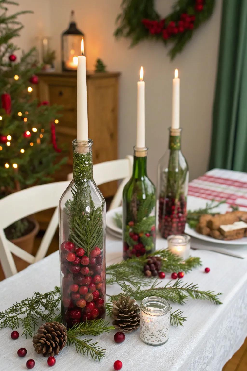 Upcycled bottles create elegant and sustainable candleholders.