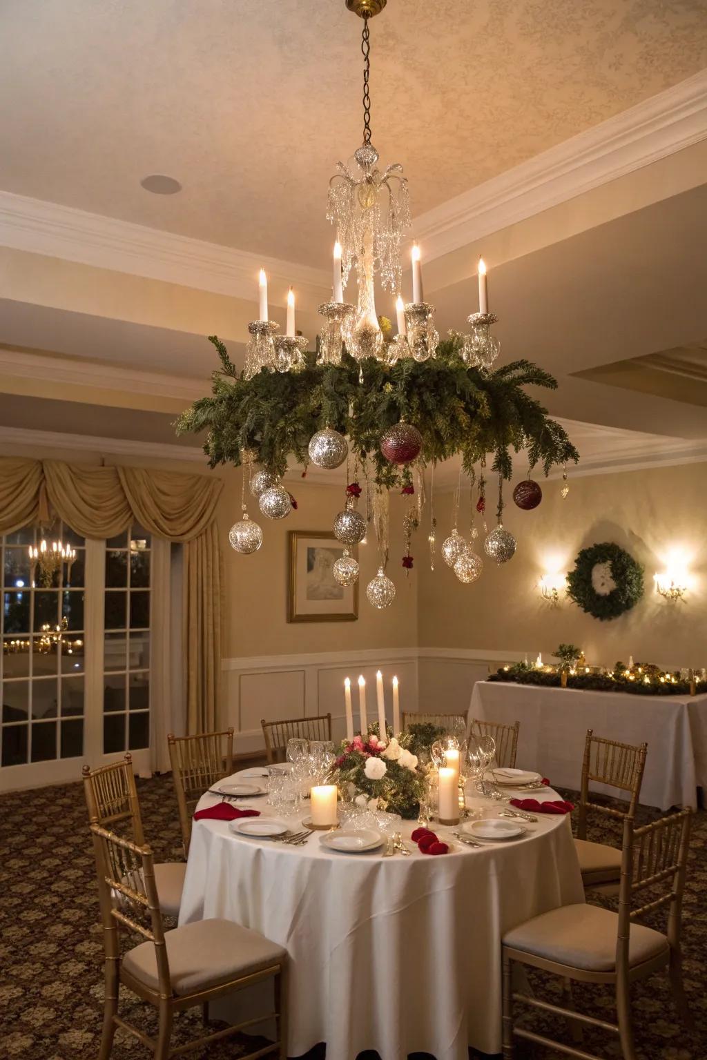 A hanging ornament chandelier adds festive charm overhead.