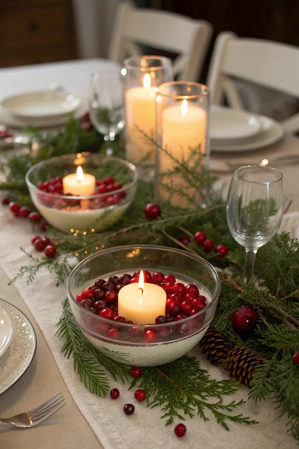 Floating candles in bowls create a magical holiday ambiance.