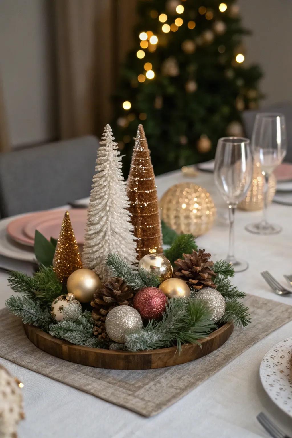 Ornaments and mini trees combine for a stunning centerpiece.