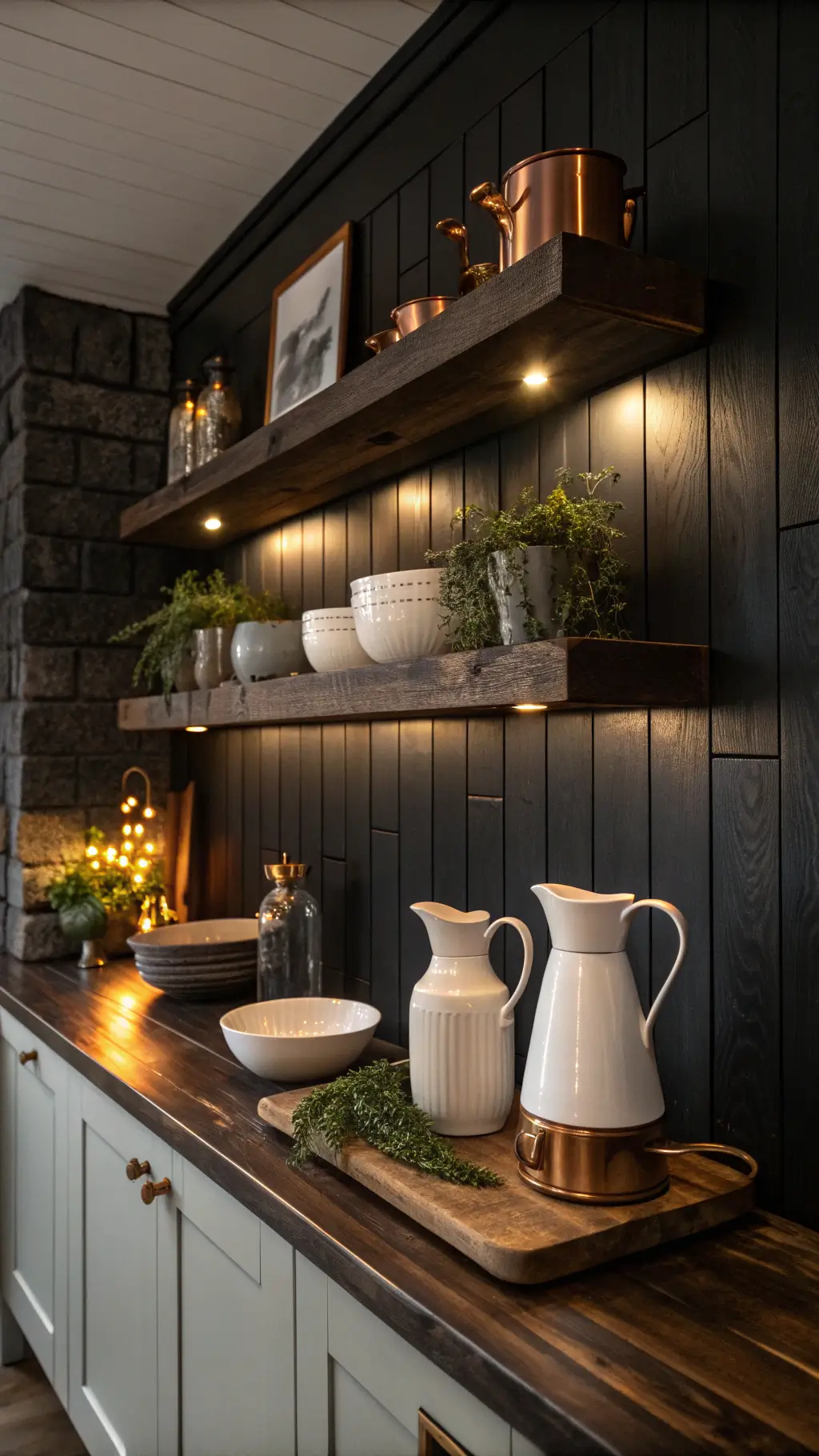 Evening kitchen scene with dark oak shelves holding vintage copper cookware, white ceramics, fresh herbs in stoneware, and an antique scale under warm lighting.