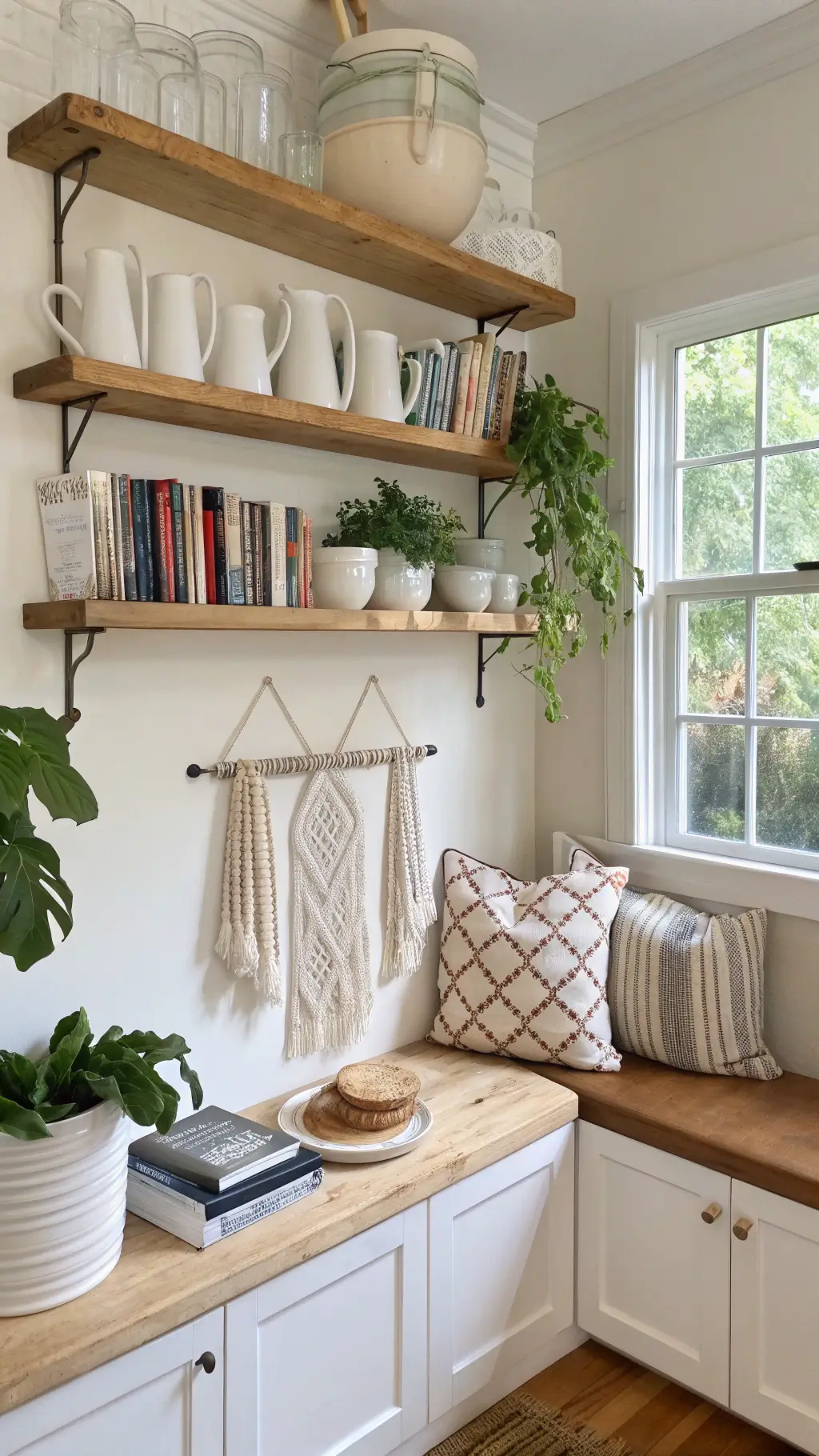 Sunlit breakfast nook with live-edge maple shelves, white ironstone pitchers, vintage bread boards, clear glass canisters, macramé plant hanger, and a cookbook collection.
