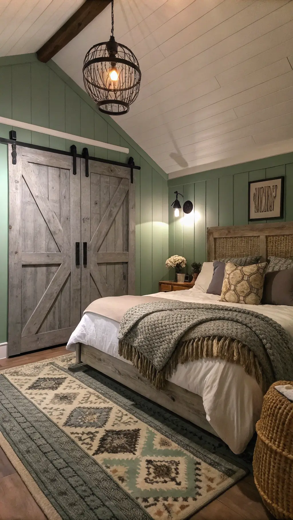 Rustic barn house interior with exposed beams and cozy furnishings