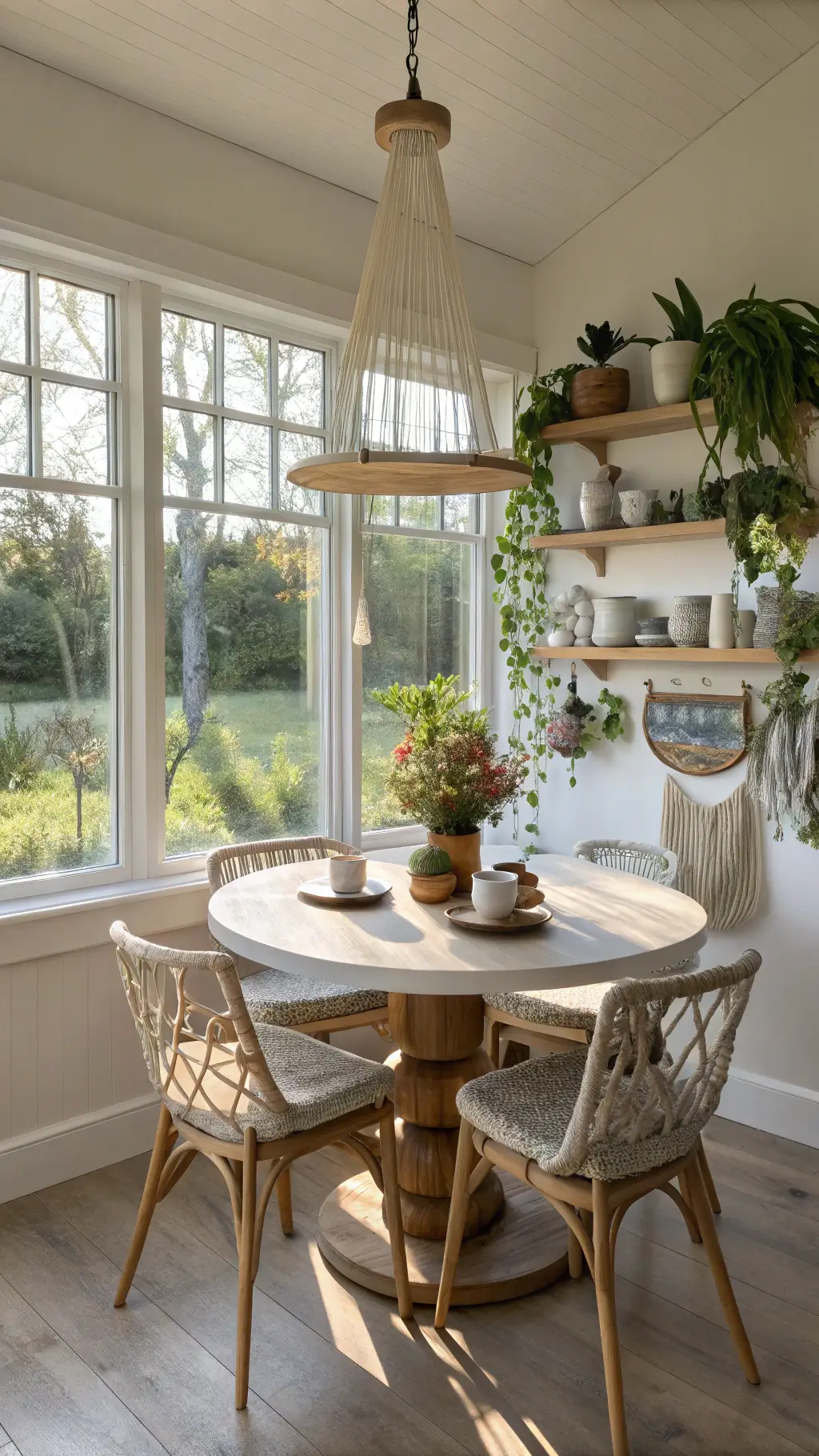 Bright breakfast nook with oak table, vintage chairs, and hanging plants by large windows