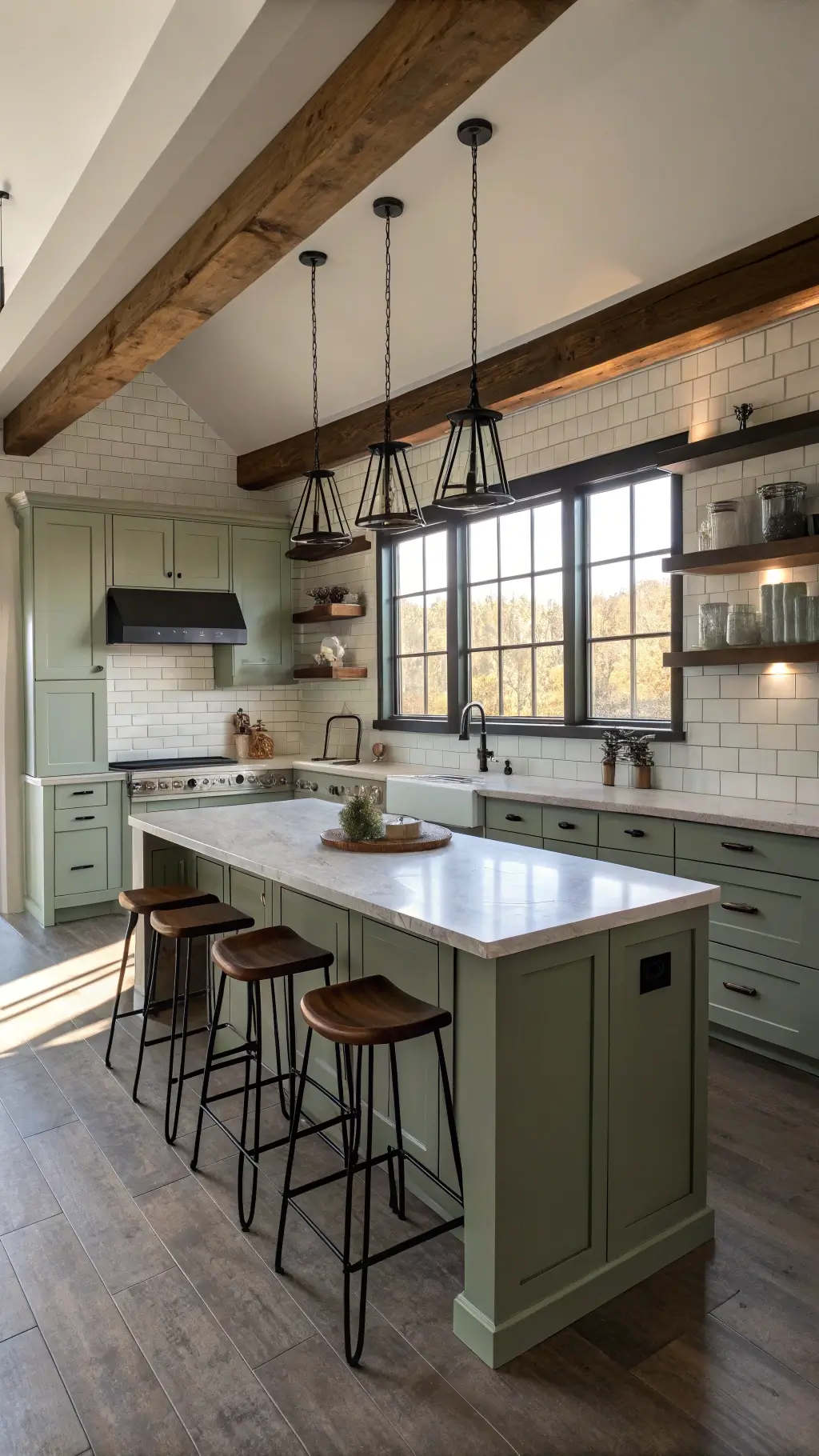 Sage green kitchen cabinets paired with natural wood accents